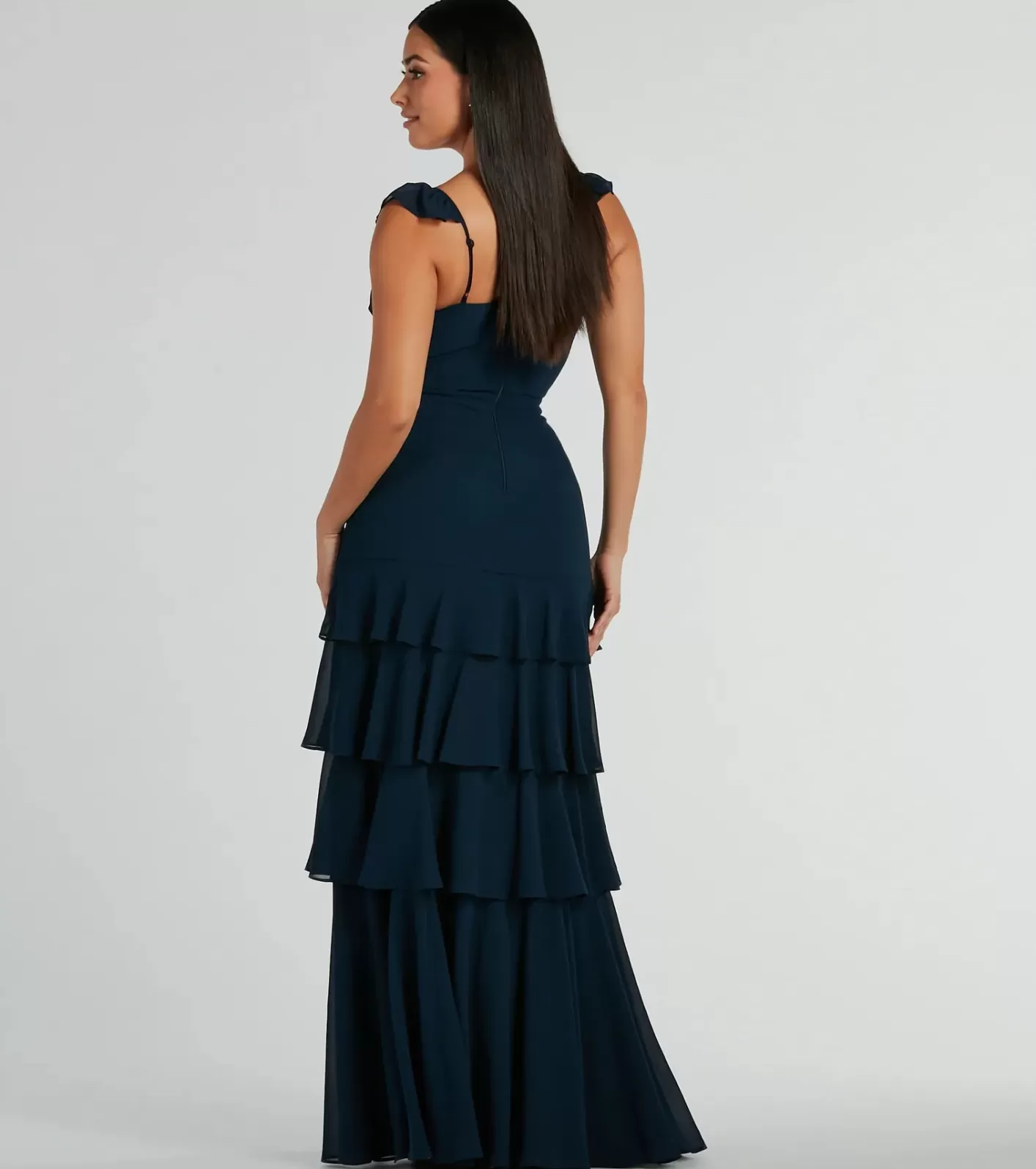 Windsor Adalee Flutter Strap Ruffled Chiffon Formal Dress NAVY Online