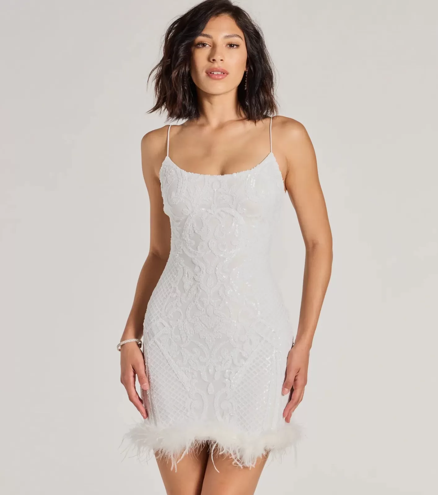 Windsor Adelina Feather Trim Sequin Mini Dress OFFWHITE New