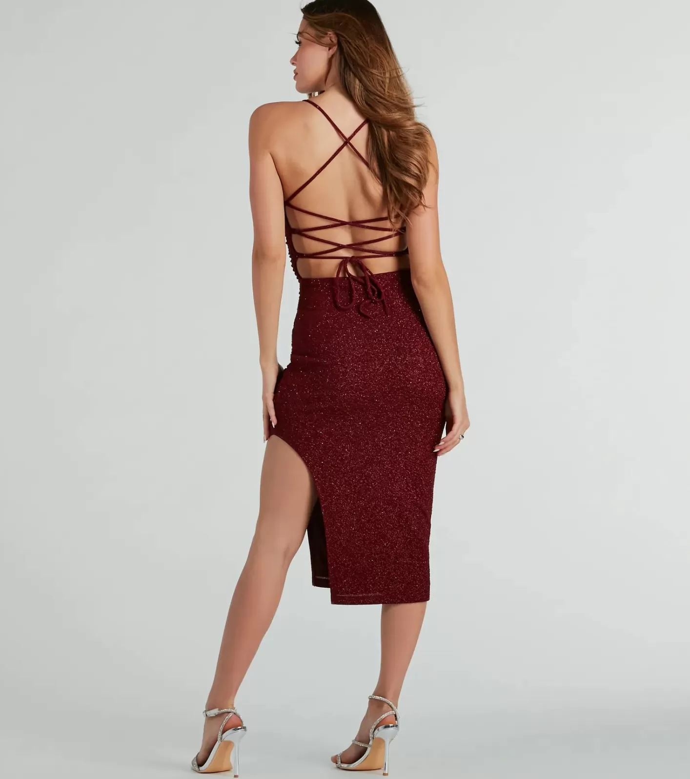 Windsor Adley Formal Glitter Lace-Up Midi Dress BURGUNDY Hot