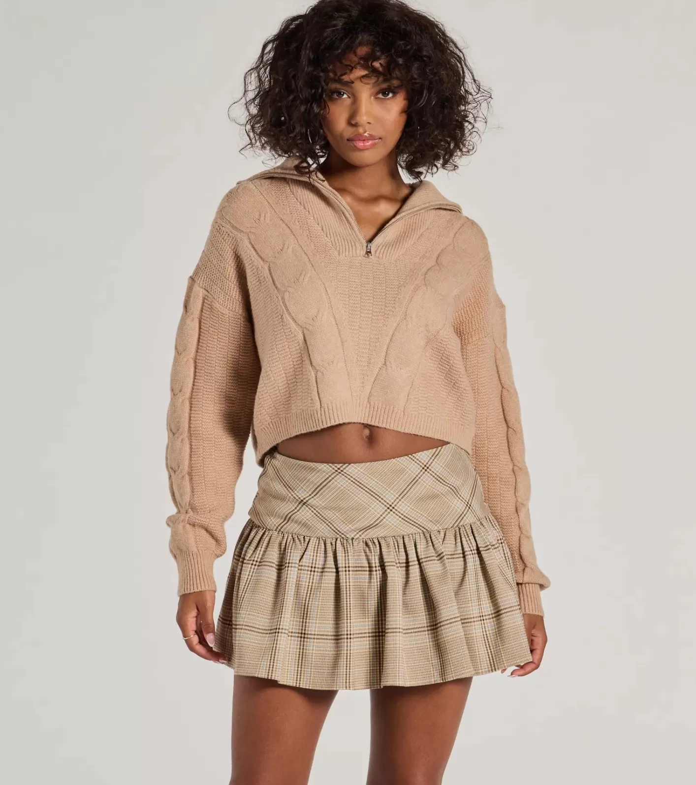 Windsor Adorable Flair Plaid Pleated Drop Waist Mini Skort BROWN Best Sale