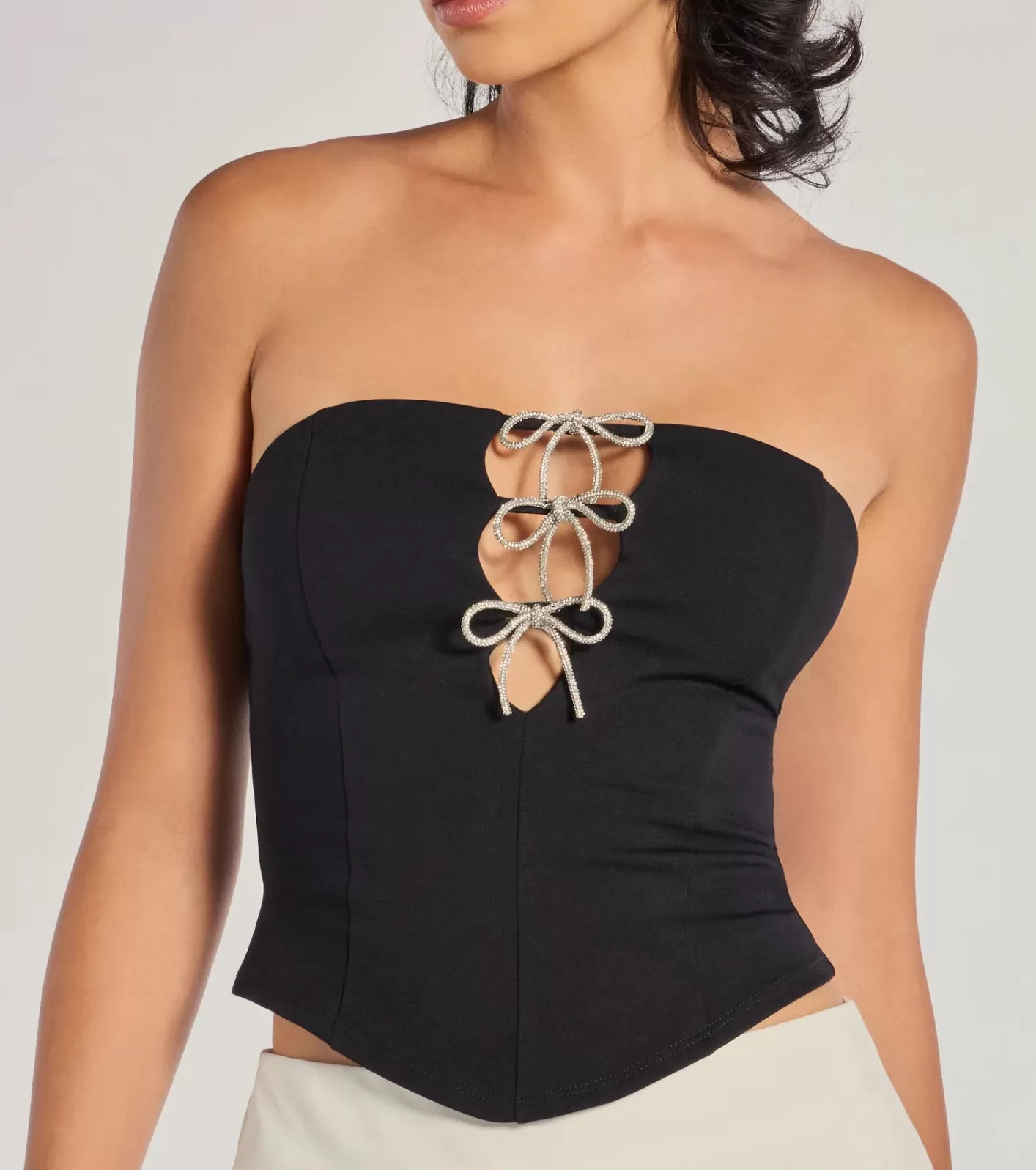 Windsor Adorable Glam Rhinestone Bow Cutout Corset Top BLACK Sale
