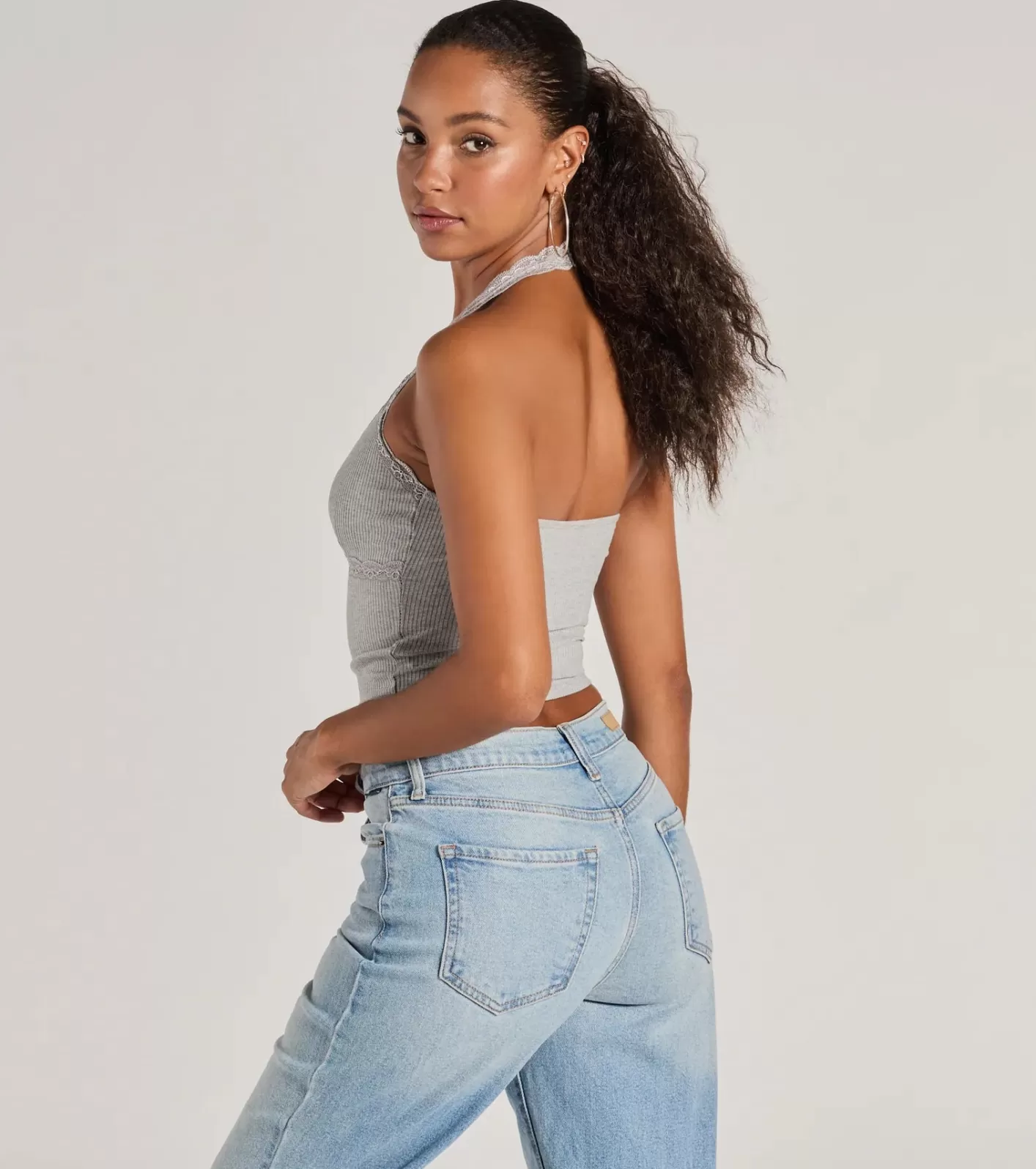 Windsor Adorably Trendy Lace Trim Knit Halter Top HEATHERGRAY Discount