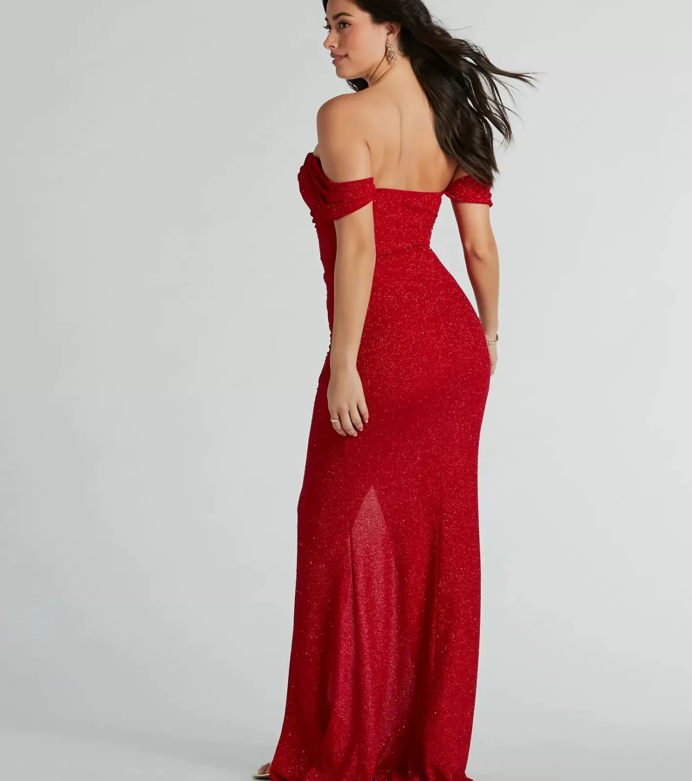 Windsor Airlie Formal Glitter Off-The-Shoulder Dress RED Sale