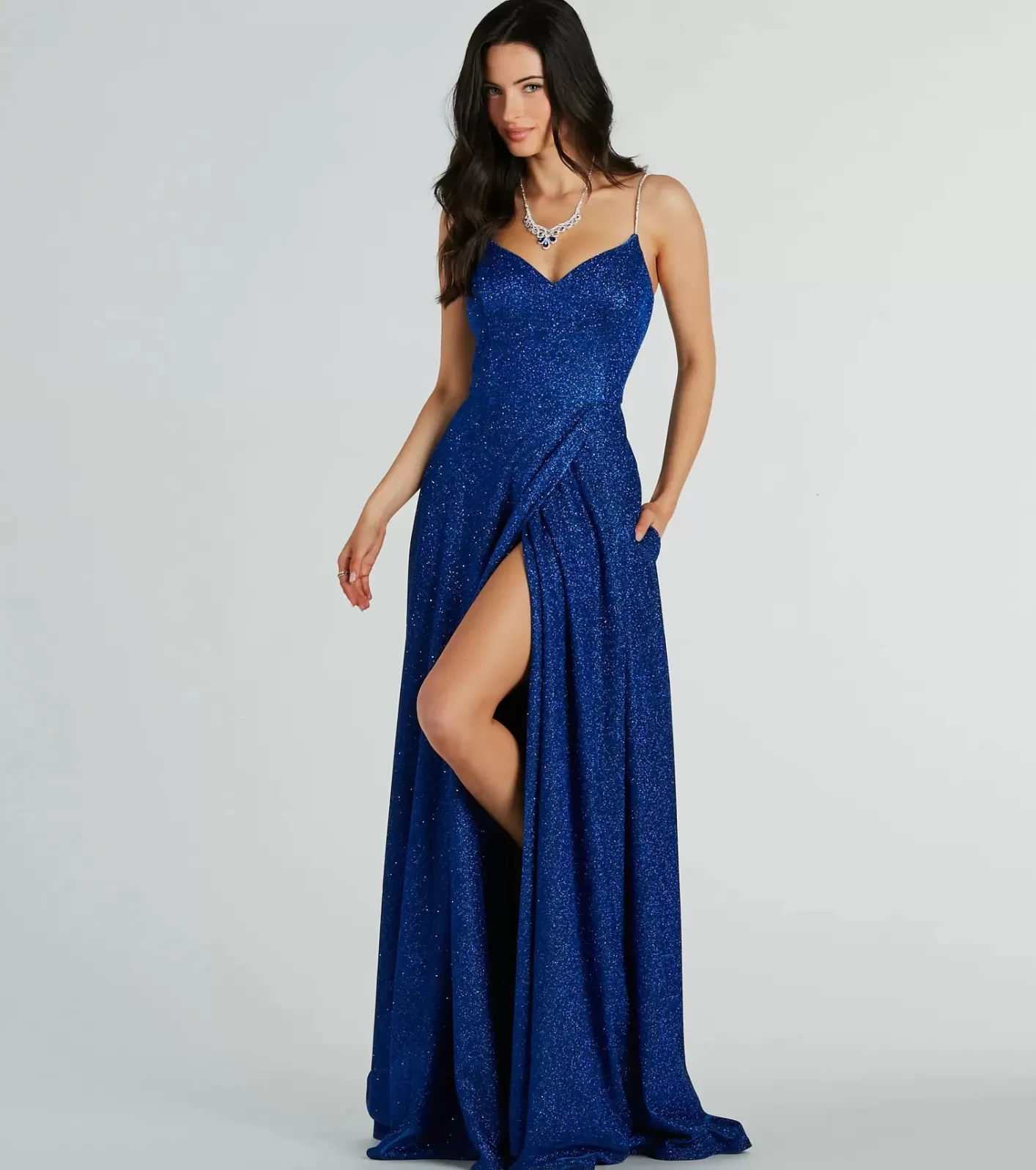 Windsor Alara Rhinestone Strap Glitter A-Line Formal Dress ROYAL Outlet