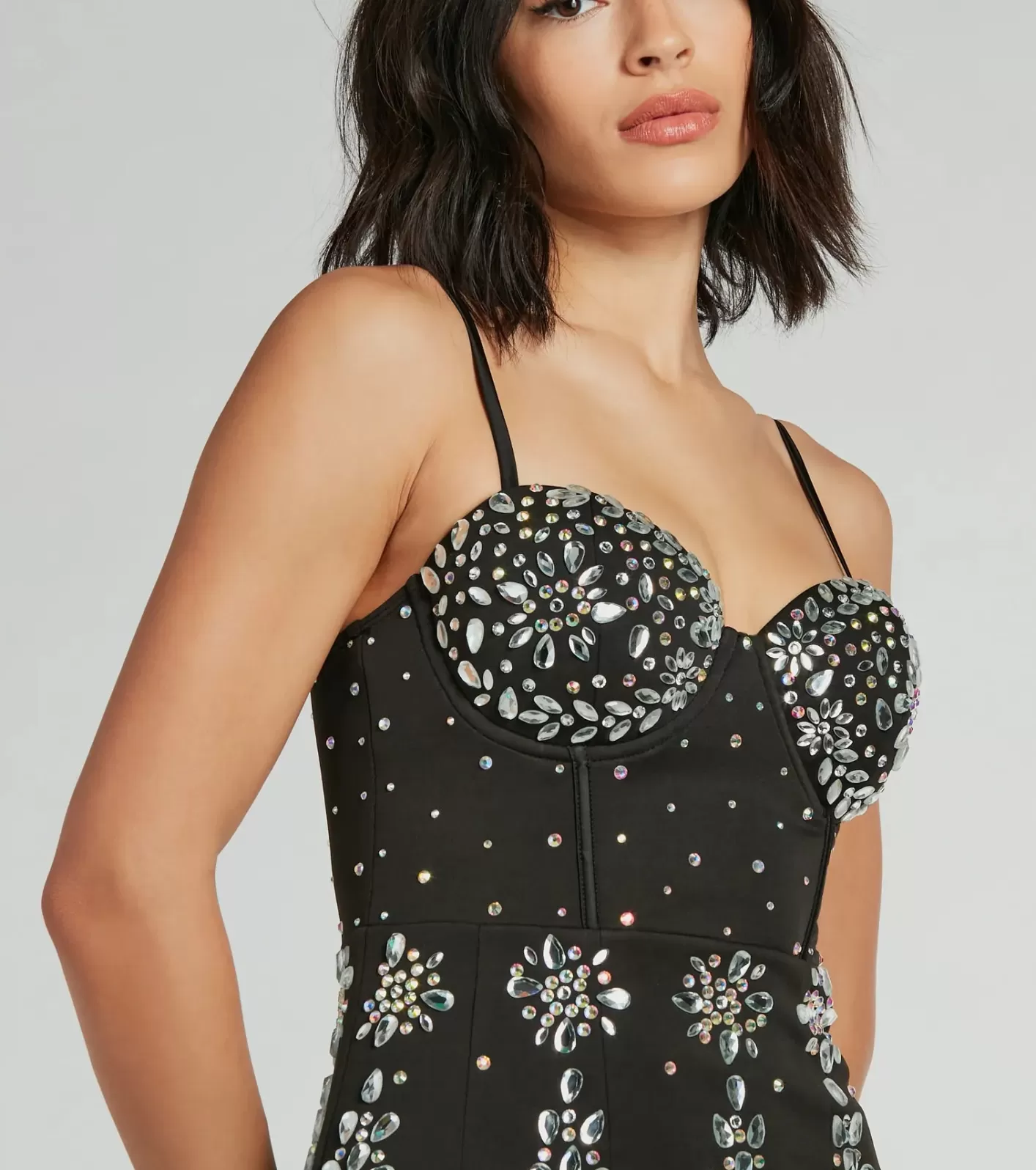 Windsor Alexa Formal Rhinestone Crepe Corset Mini Dress BLACK Clearance