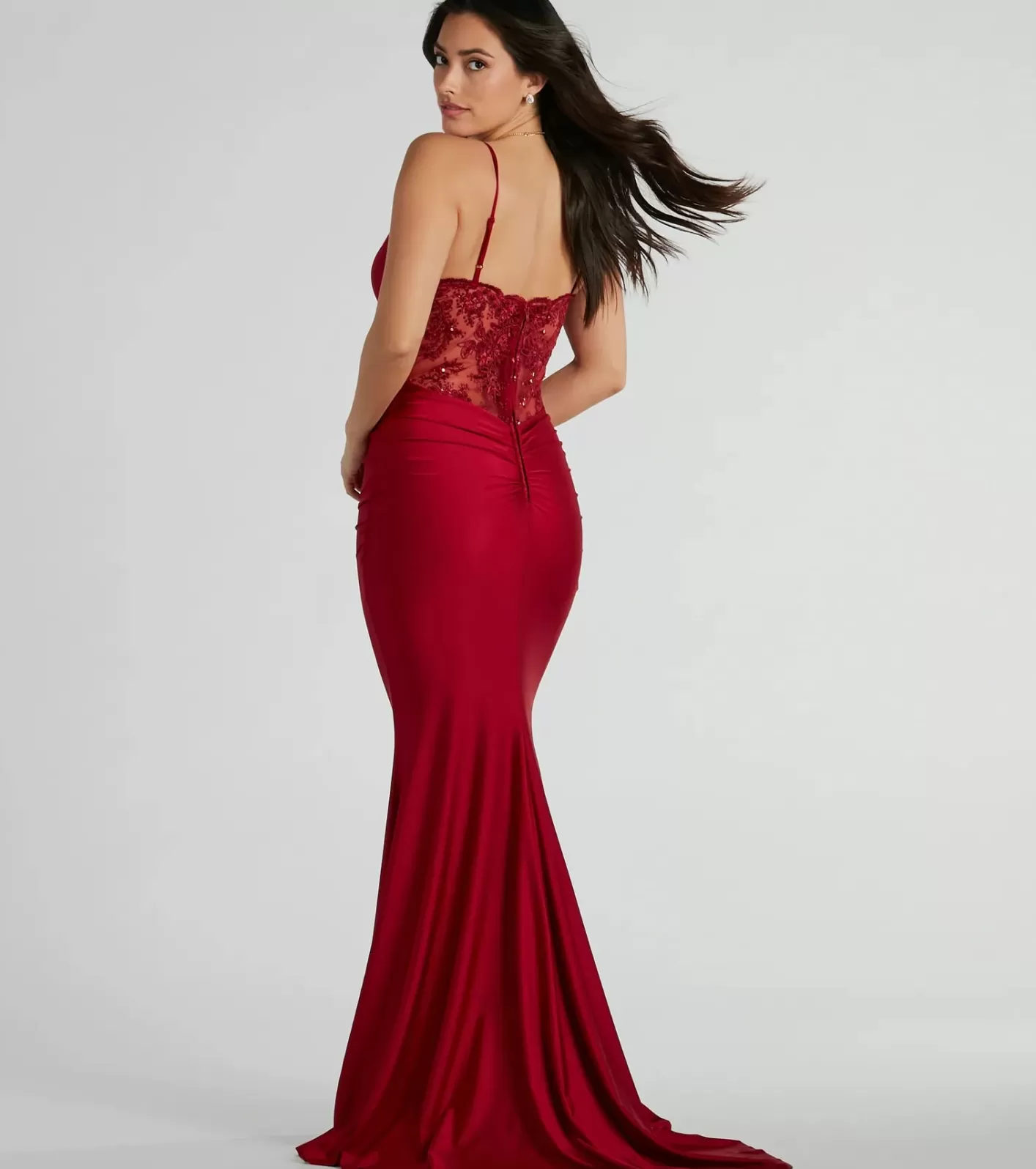 Windsor Alisa Lace Sequin Back Mermaid Formal Dress WINE Discount
