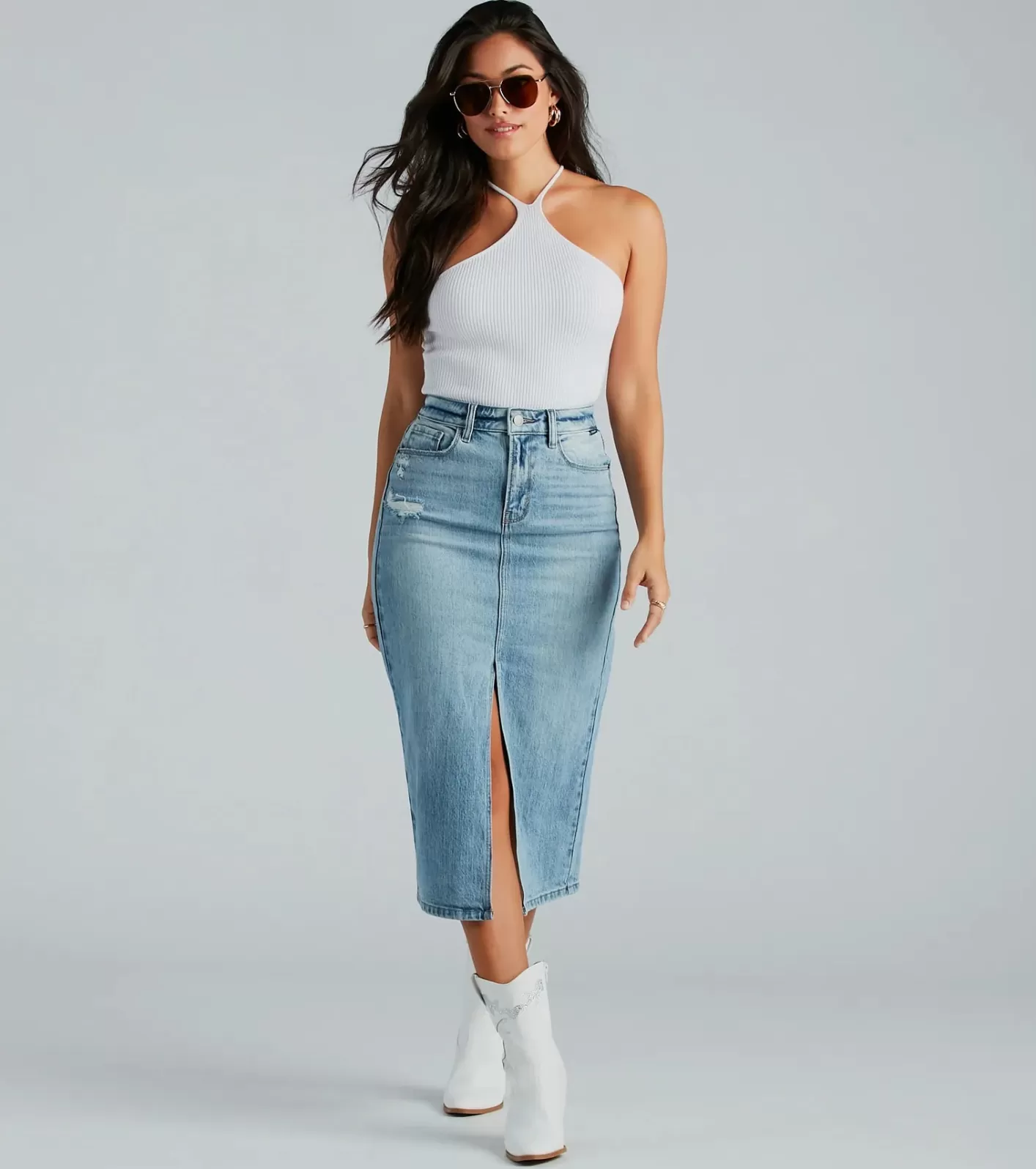 Windsor All That Denim Slit Midi Skirt MEDIUMDENIM New