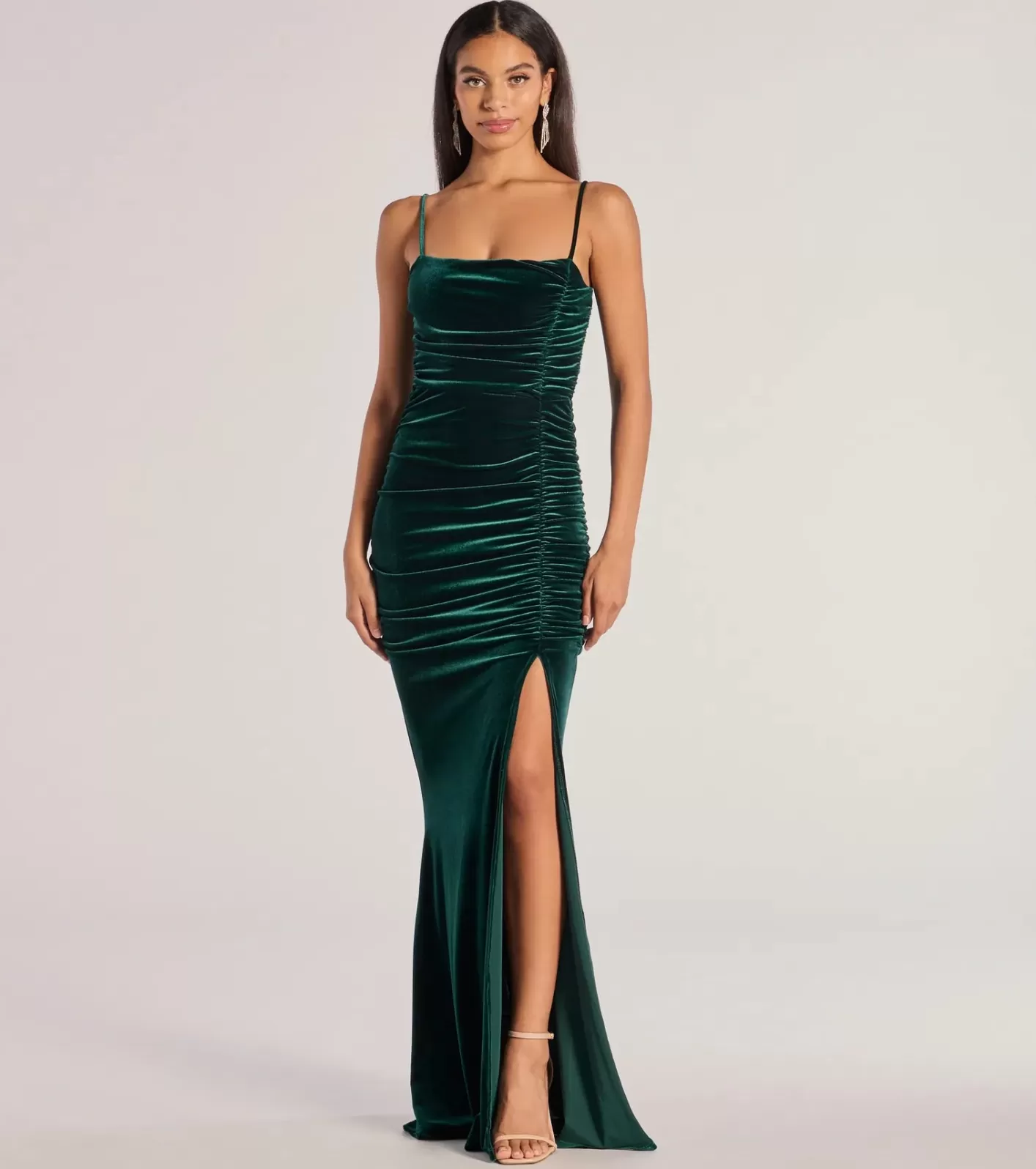 Windsor Alondra Ruched Velvet Front Slit Mermaid Dress HUNTER Hot
