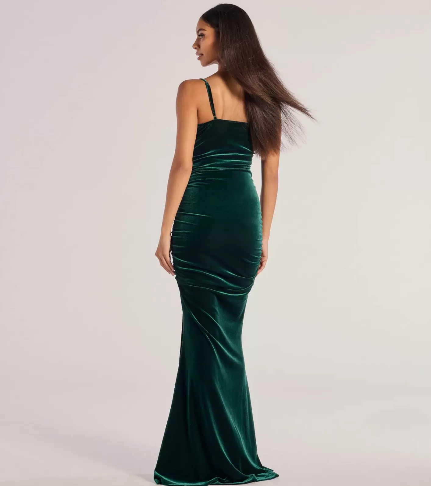 Windsor Alondra Ruched Velvet Front Slit Mermaid Dress HUNTER Hot