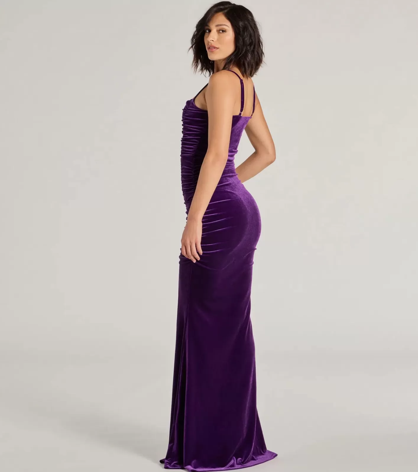 Windsor Alondra Ruched Velvet Front Slit Mermaid Dress PURPLE Clearance