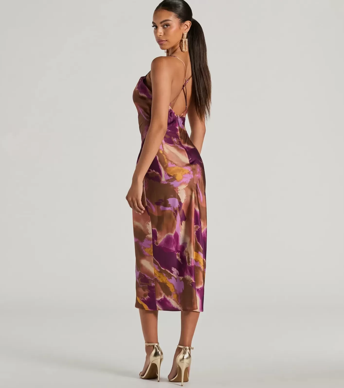 Windsor Always Impress Cowl Neck Tie-Dye Satin Midi Dress PURPLE Discount
