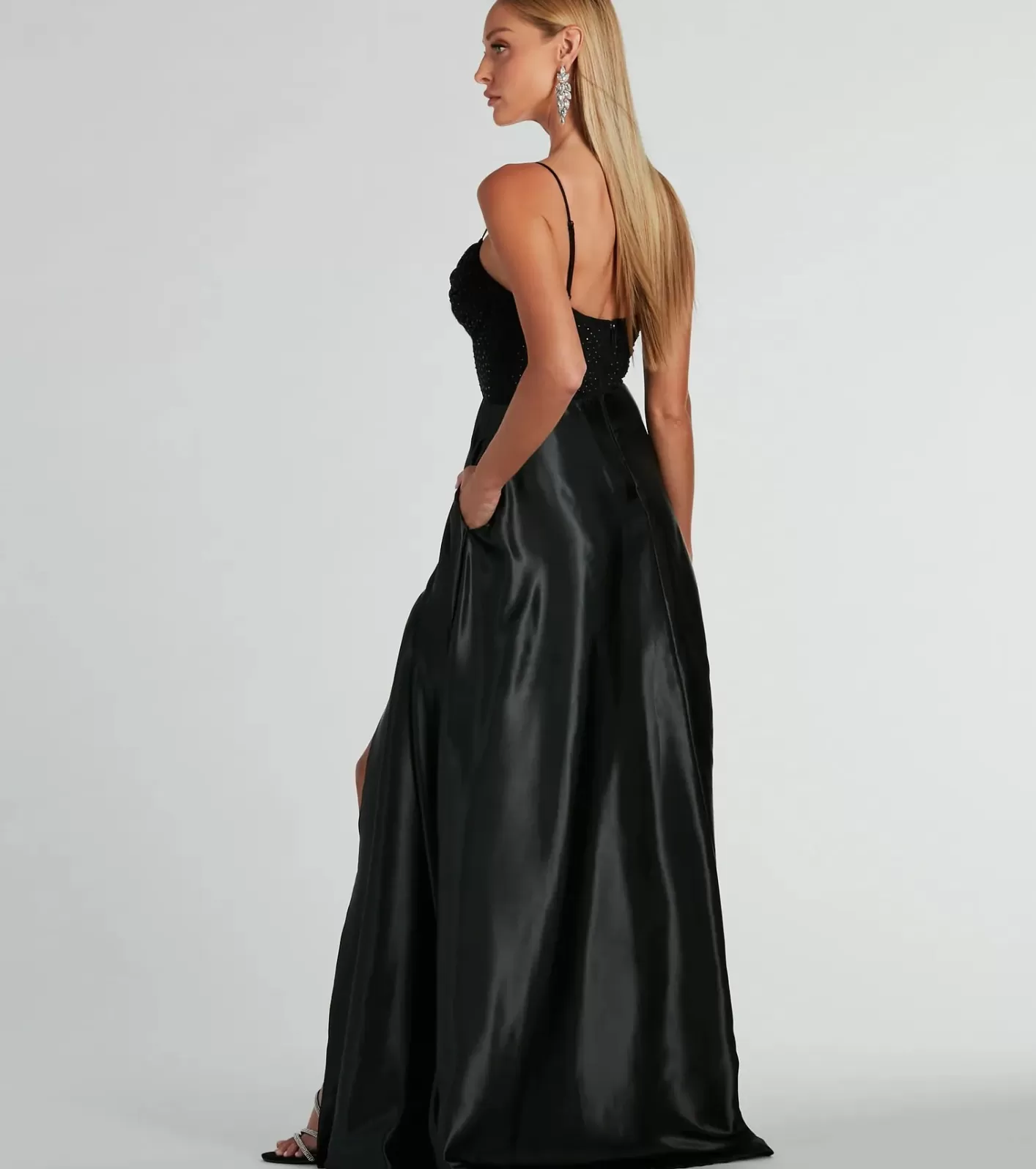 Windsor Ammara Cowl Neck Slit A-Line Satin Formal Dress BLACK Best Sale