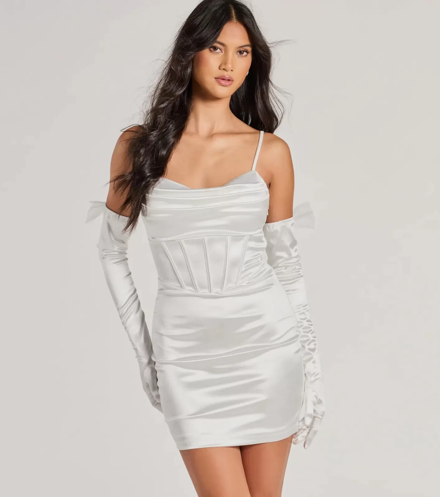 Windsor Anastasia Corset Tulle Bow Satin Mini Dress With Gloves WHITE New