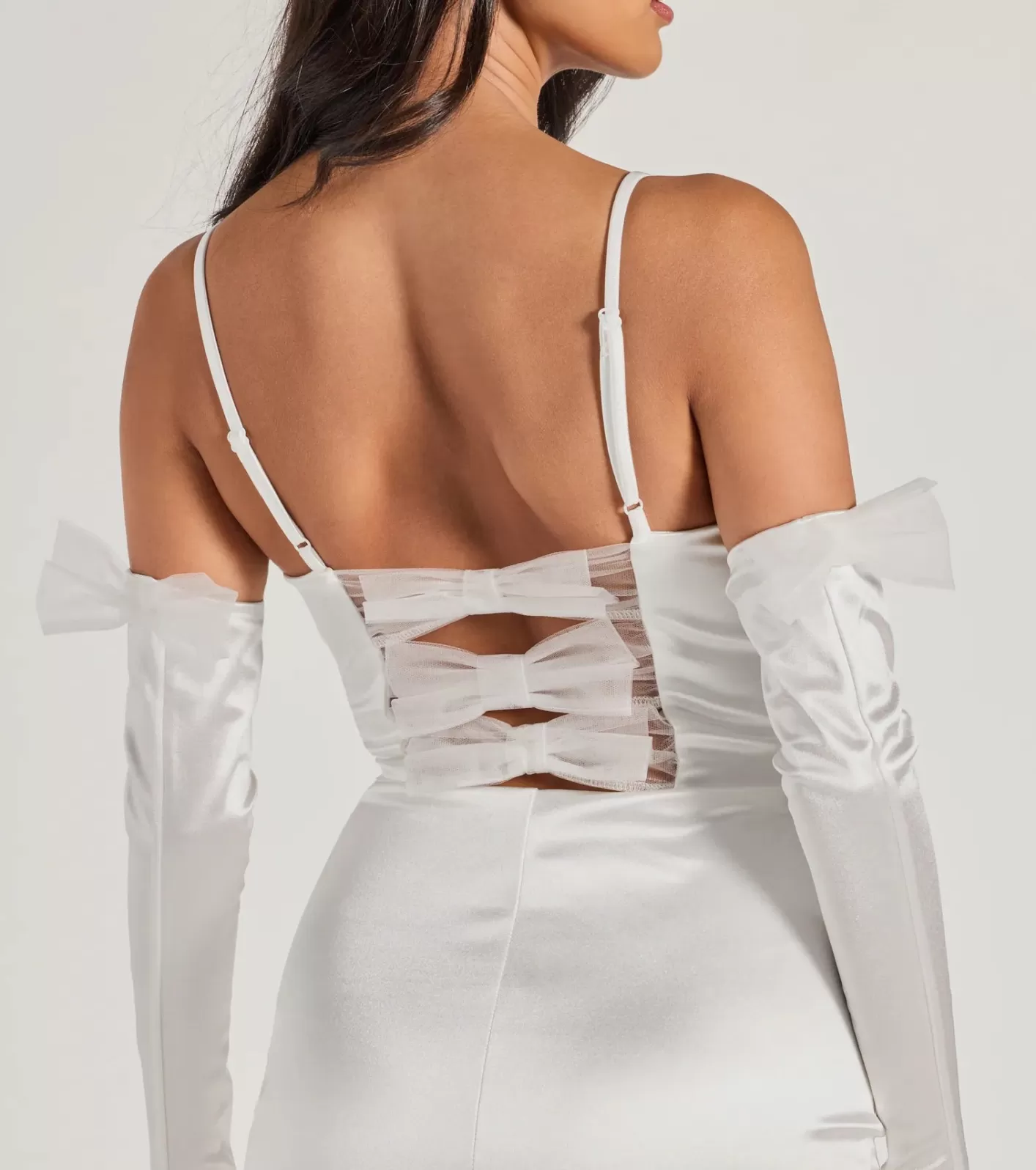 Windsor Anastasia Corset Tulle Bow Satin Mini Dress With Gloves WHITE New