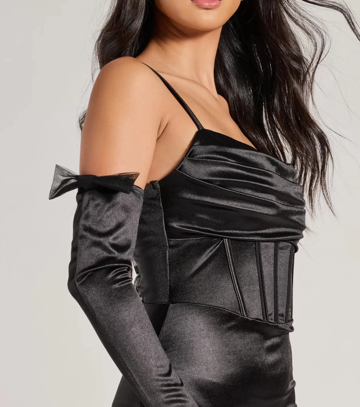 Windsor Anastasia Corset Tulle Bow Satin Mini Dress With Gloves BLACK Outlet