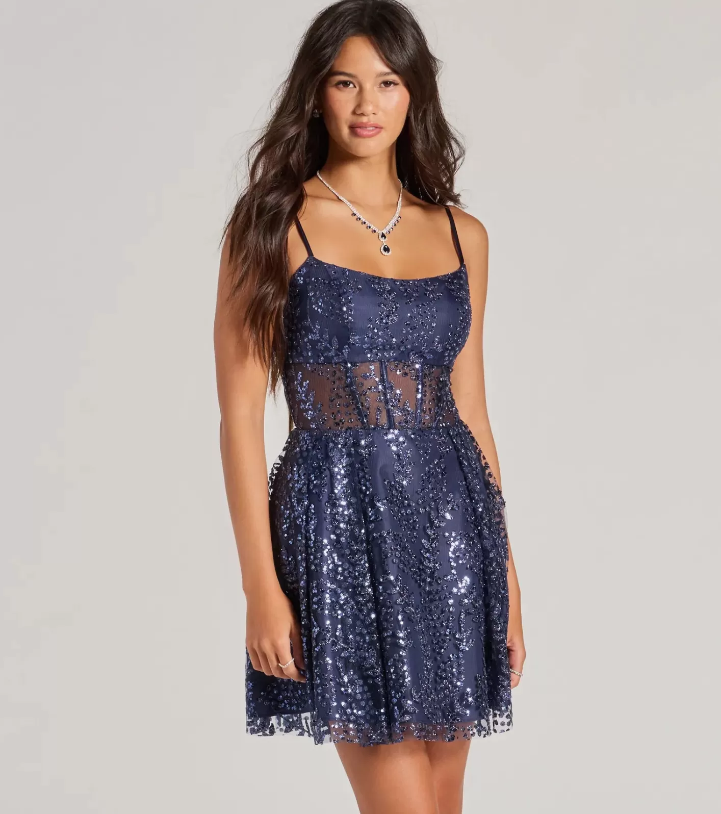 Windsor Angelica Lace-Up Corset Glitter Tulle Skater Dress NAVY Outlet