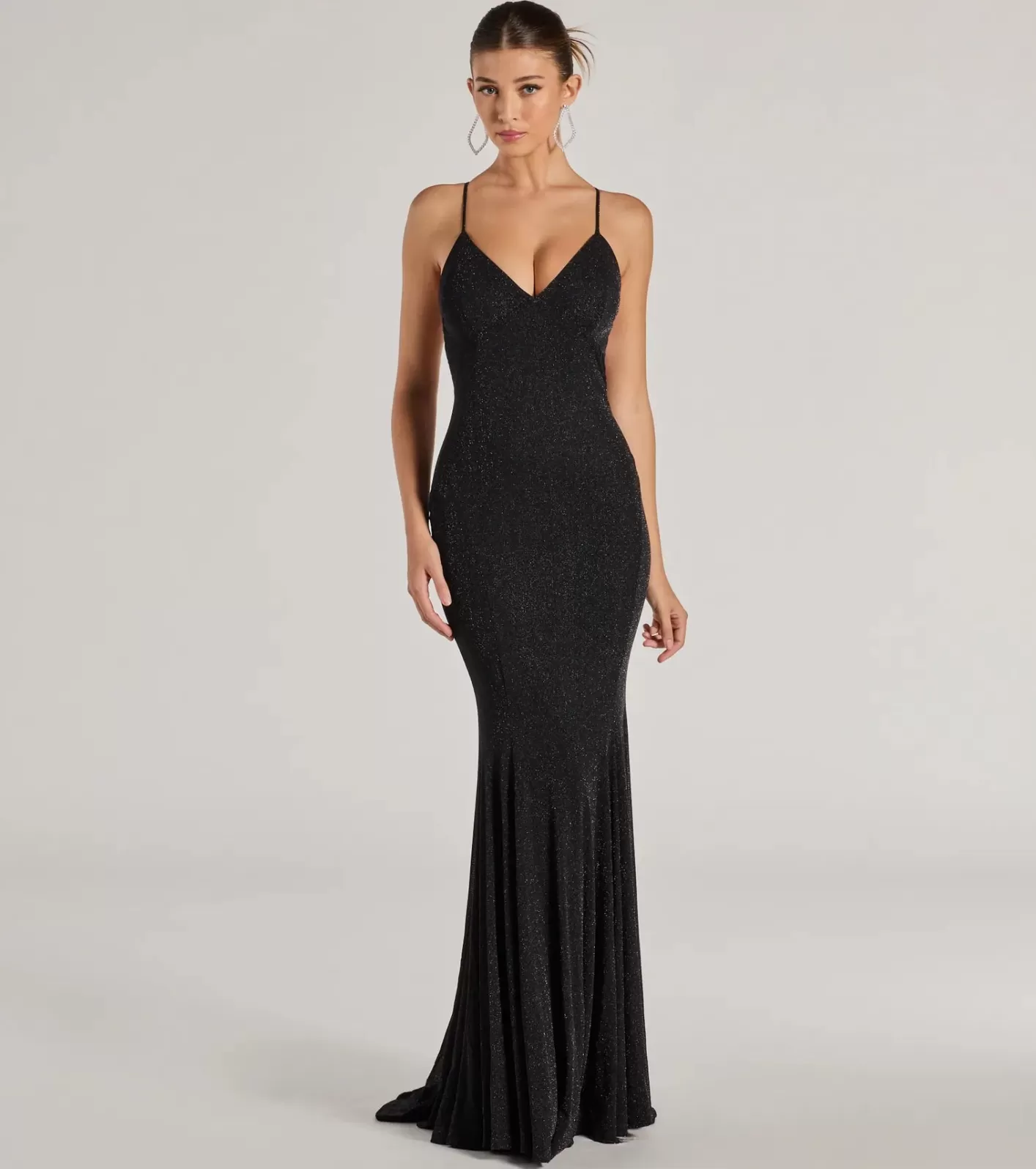 Windsor Ariyah Lace-Up Mermaid Glitter Mesh Formal Dress BLACK Cheap