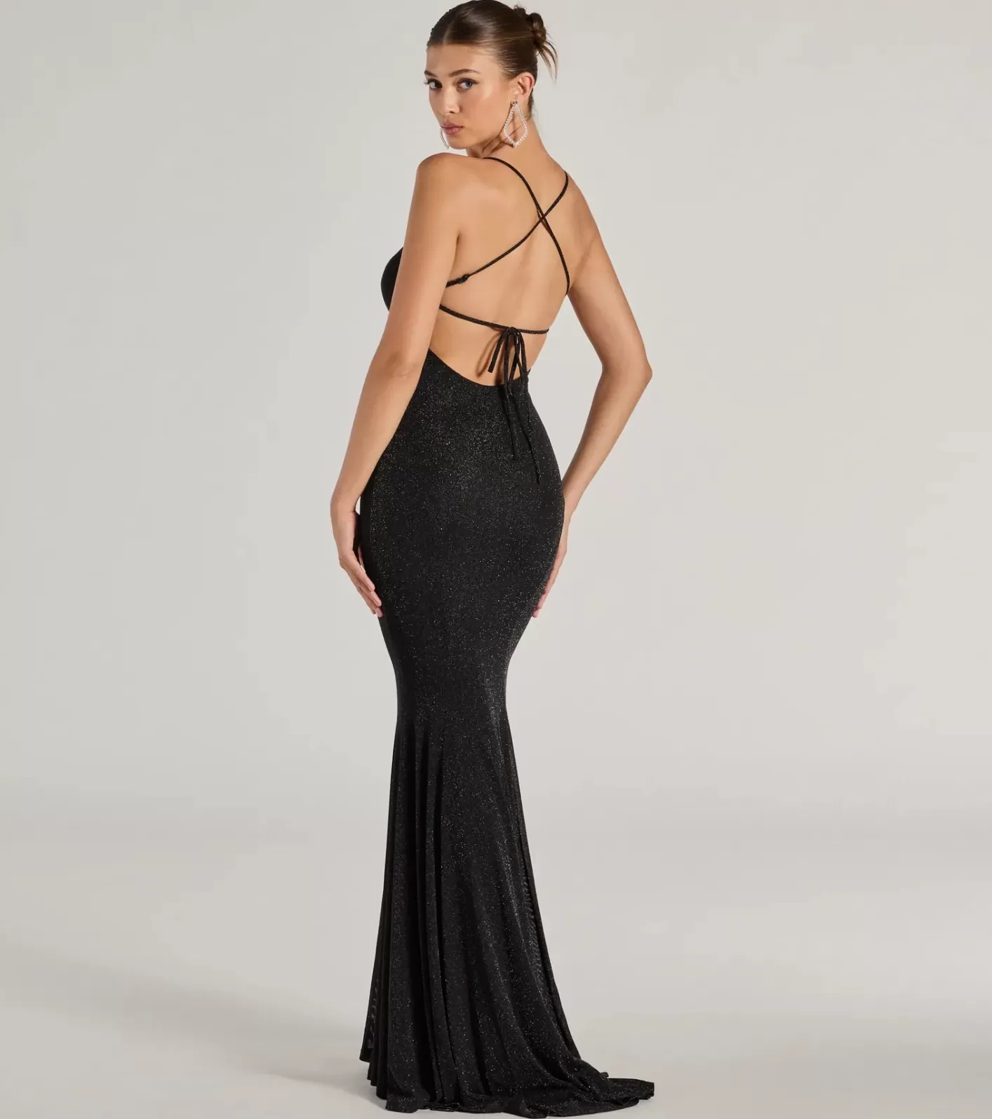 Windsor Ariyah Lace-Up Mermaid Glitter Mesh Formal Dress BLACK Cheap