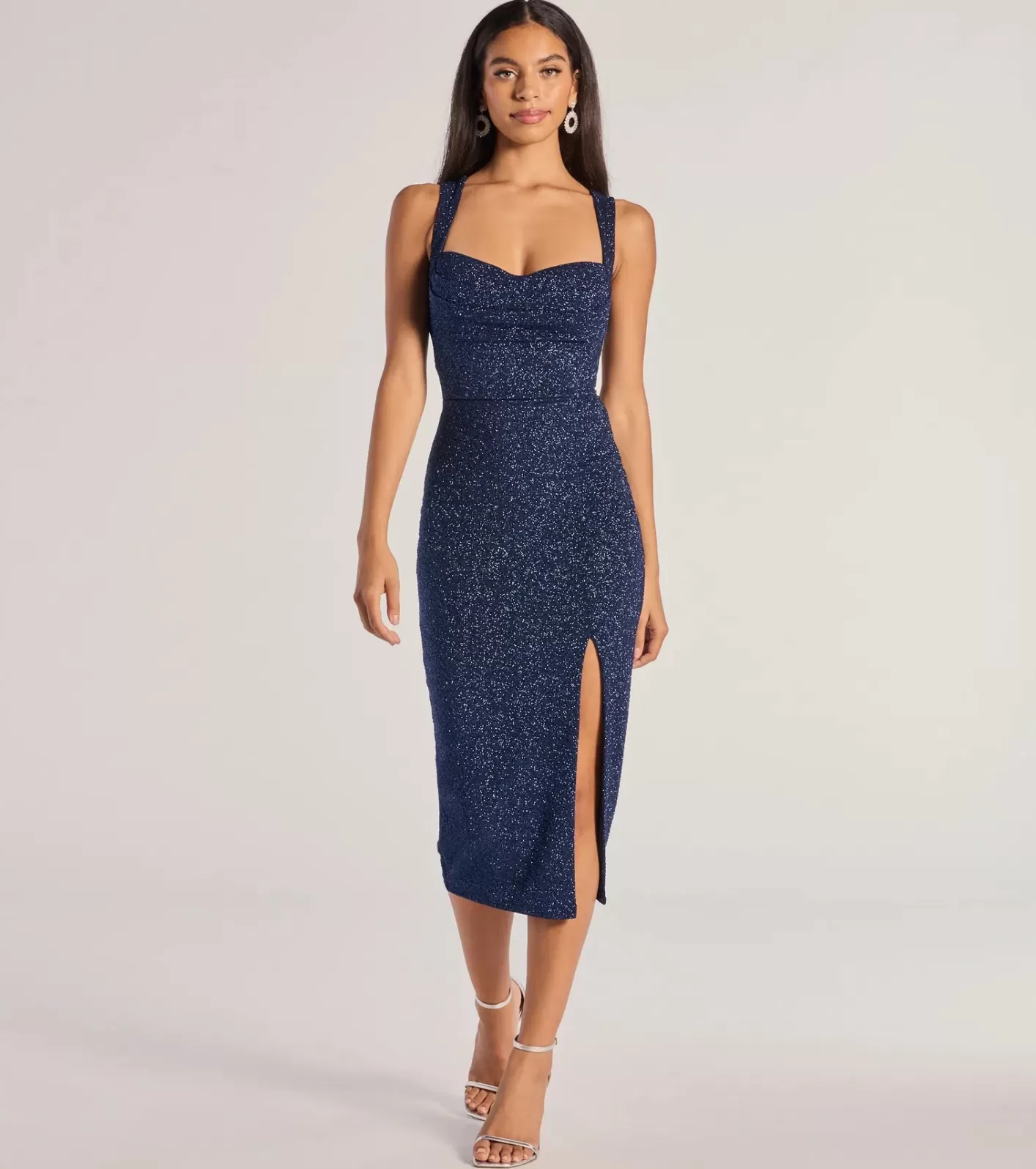 Windsor Arlette Lace-Up High Slit Glitter Knit Midi Dress NAVY Cheap