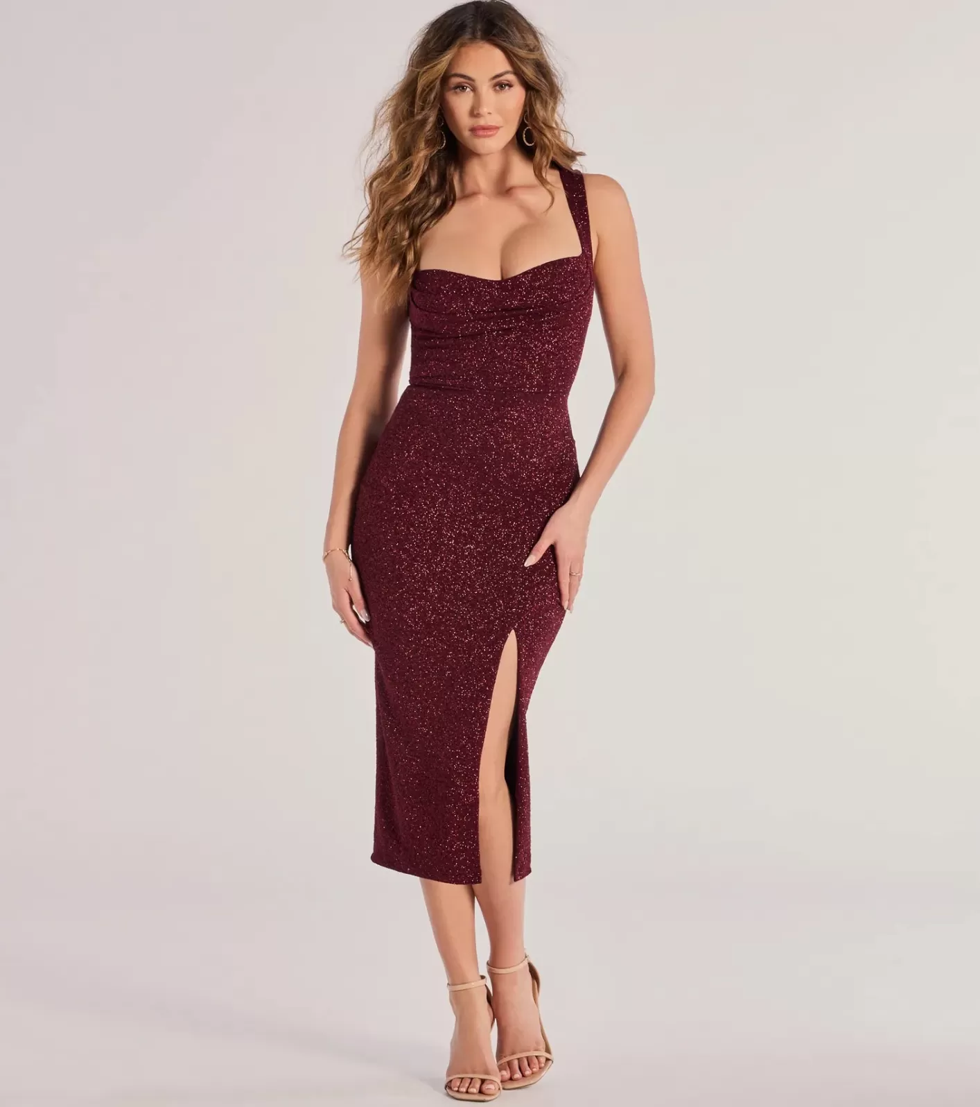 Windsor Arlette Lace-Up High Slit Glitter Knit Midi Dress WINE Store