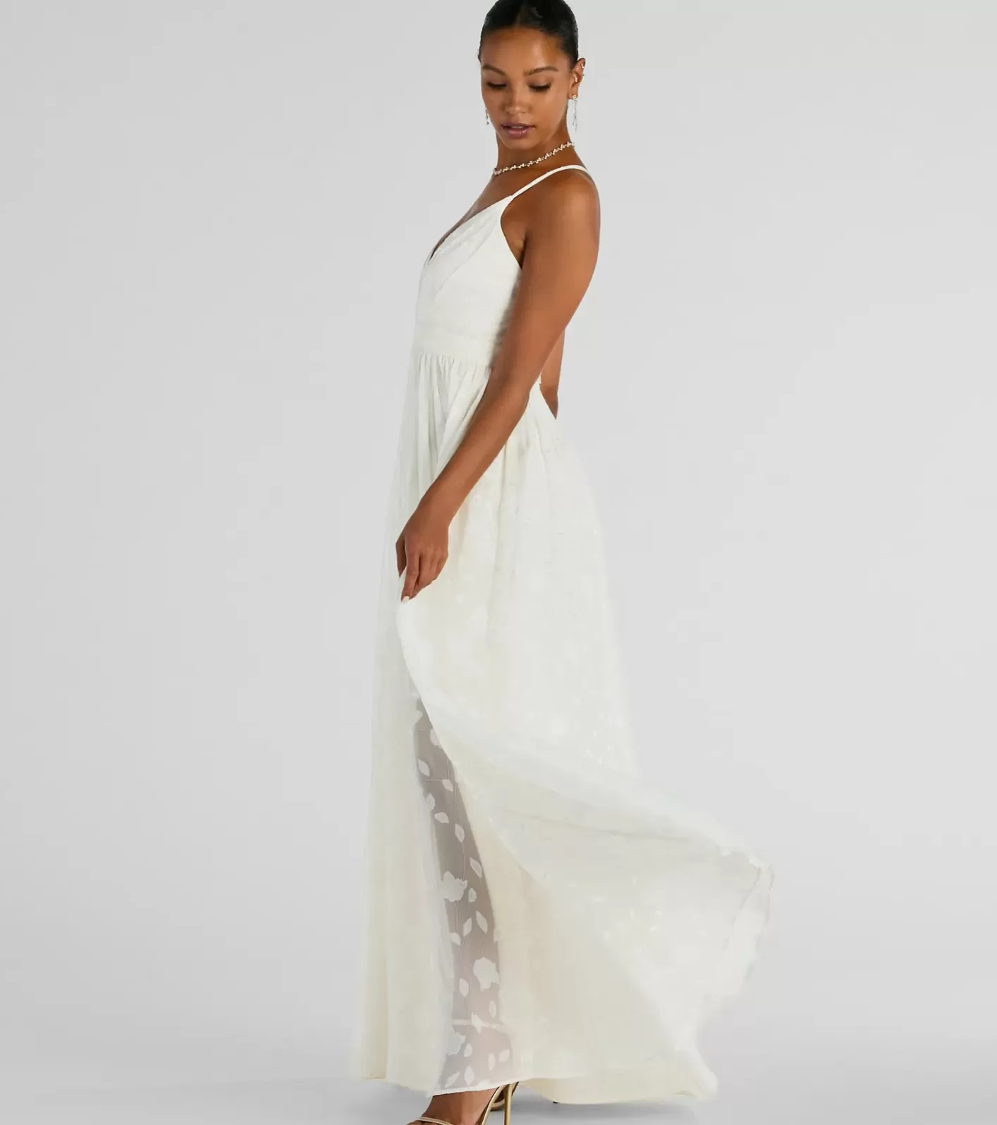 Windsor Arya V-Neck Strappy A-Line Floral Chiffon Formal Dress IVORY Sale