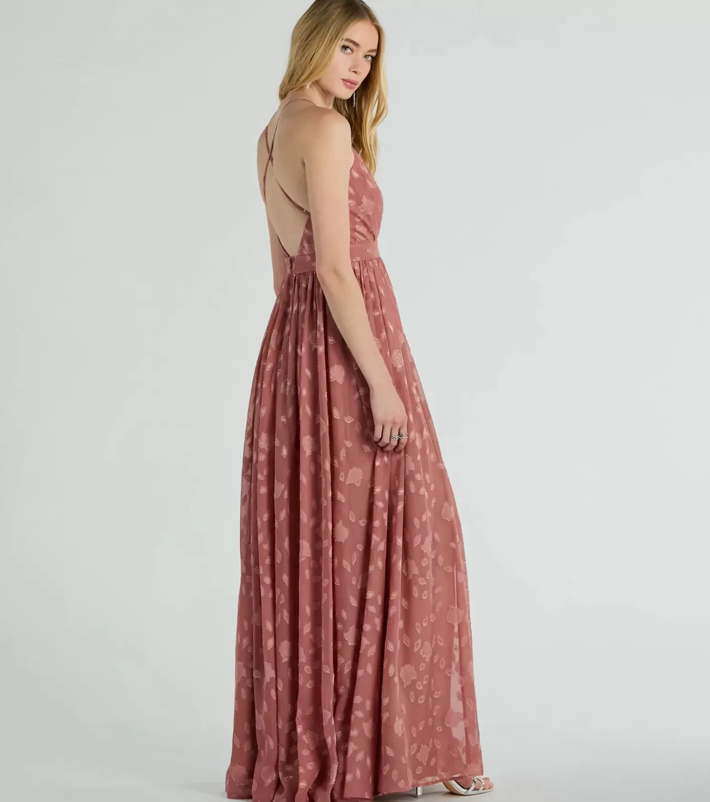 Windsor Arya V-Neck Strappy A-Line Floral Chiffon Formal Dress MAUVE Clearance