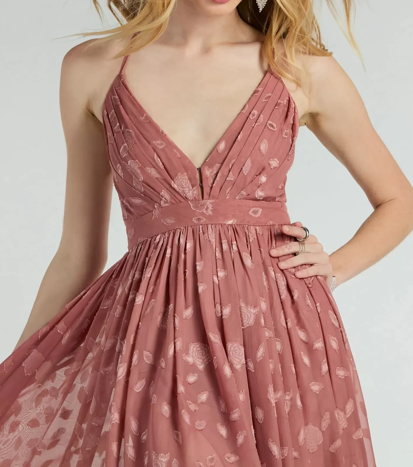 Windsor Arya V-Neck Strappy A-Line Floral Chiffon Formal Dress MAUVE Clearance