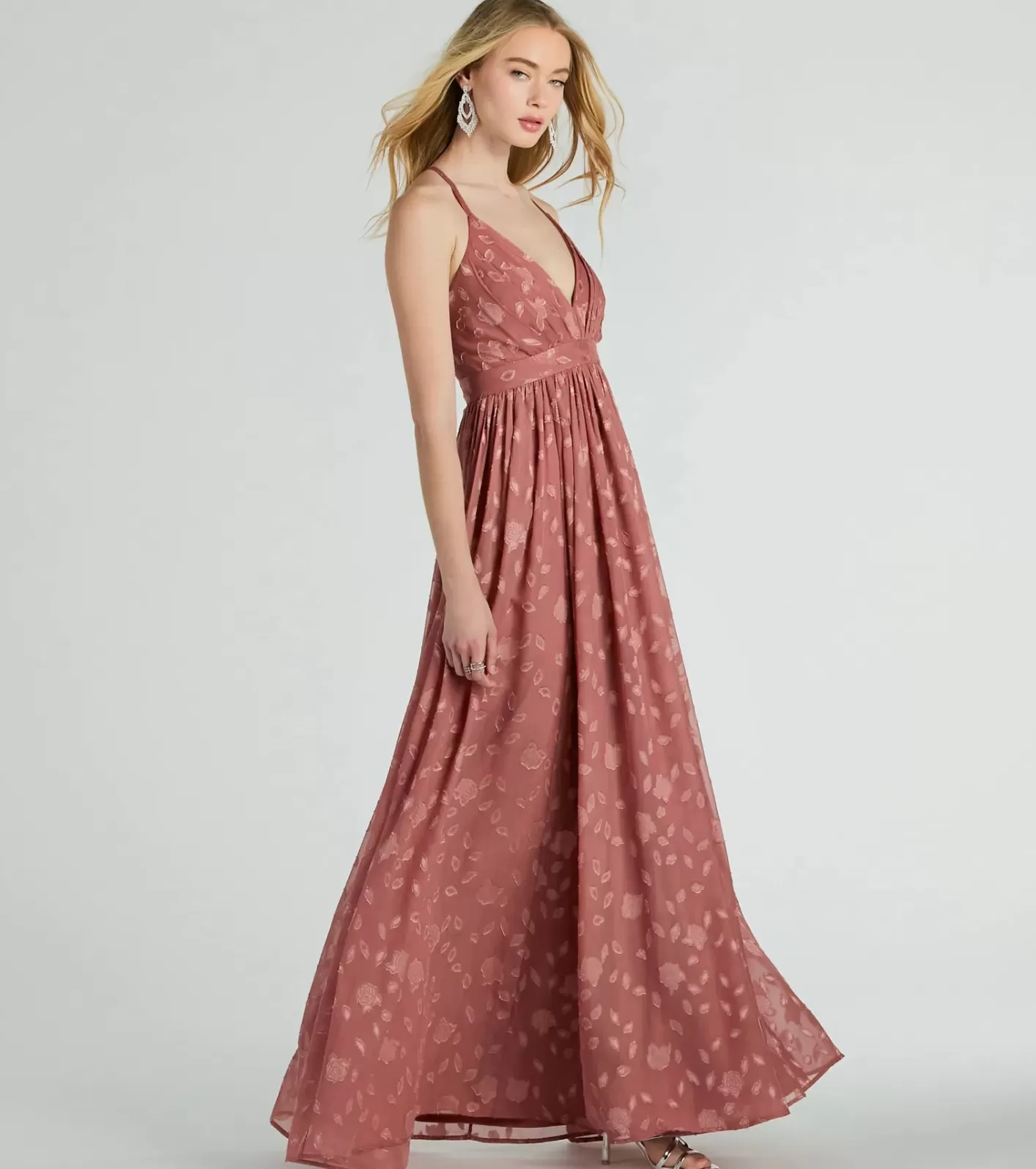 Windsor Arya V-Neck Strappy A-Line Floral Chiffon Formal Dress MAUVE Clearance