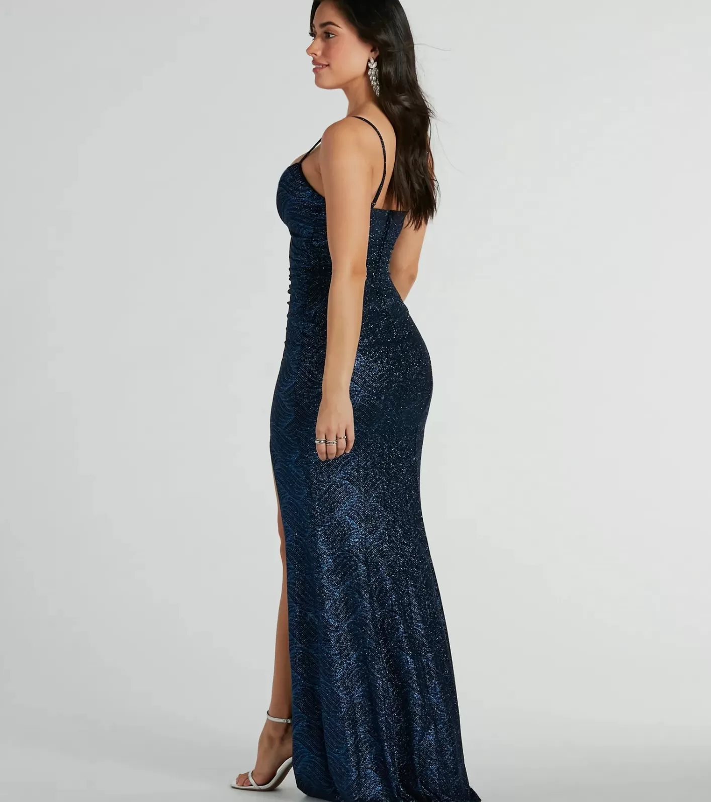 Windsor Ashelyn Cowl Neck Glitter Mermaid Formal Dress NAVY Discount