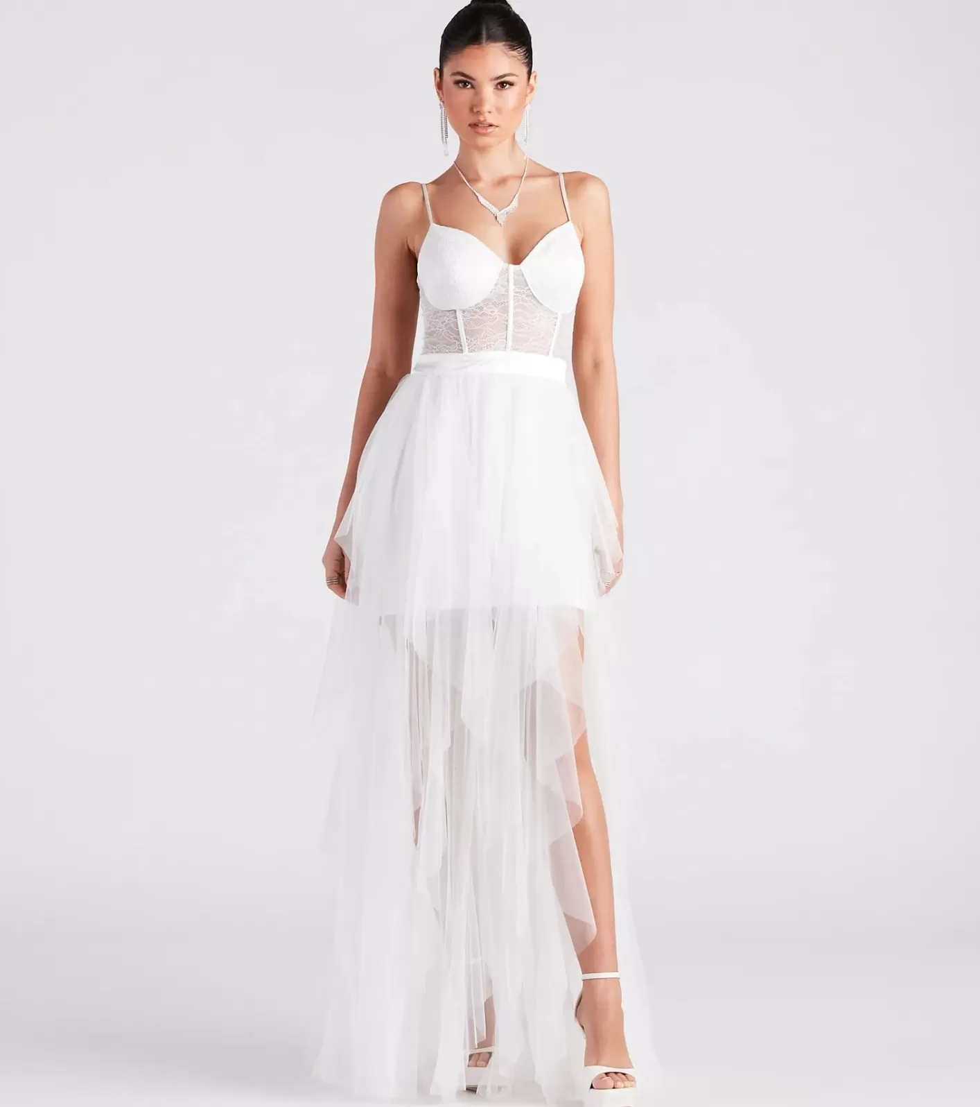 Windsor Ashlie Formal Lace Corset Ruffled Dress WHITE Hot