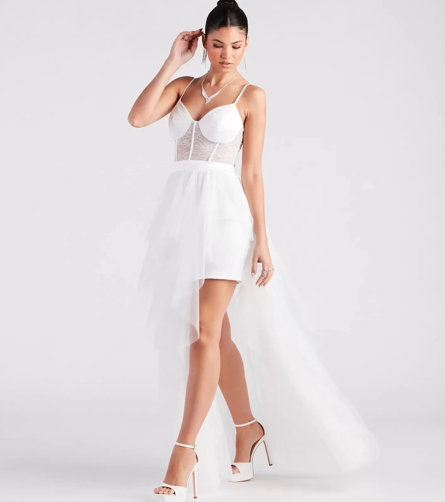 Windsor Ashlie Formal Lace Corset Ruffled Dress WHITE Hot