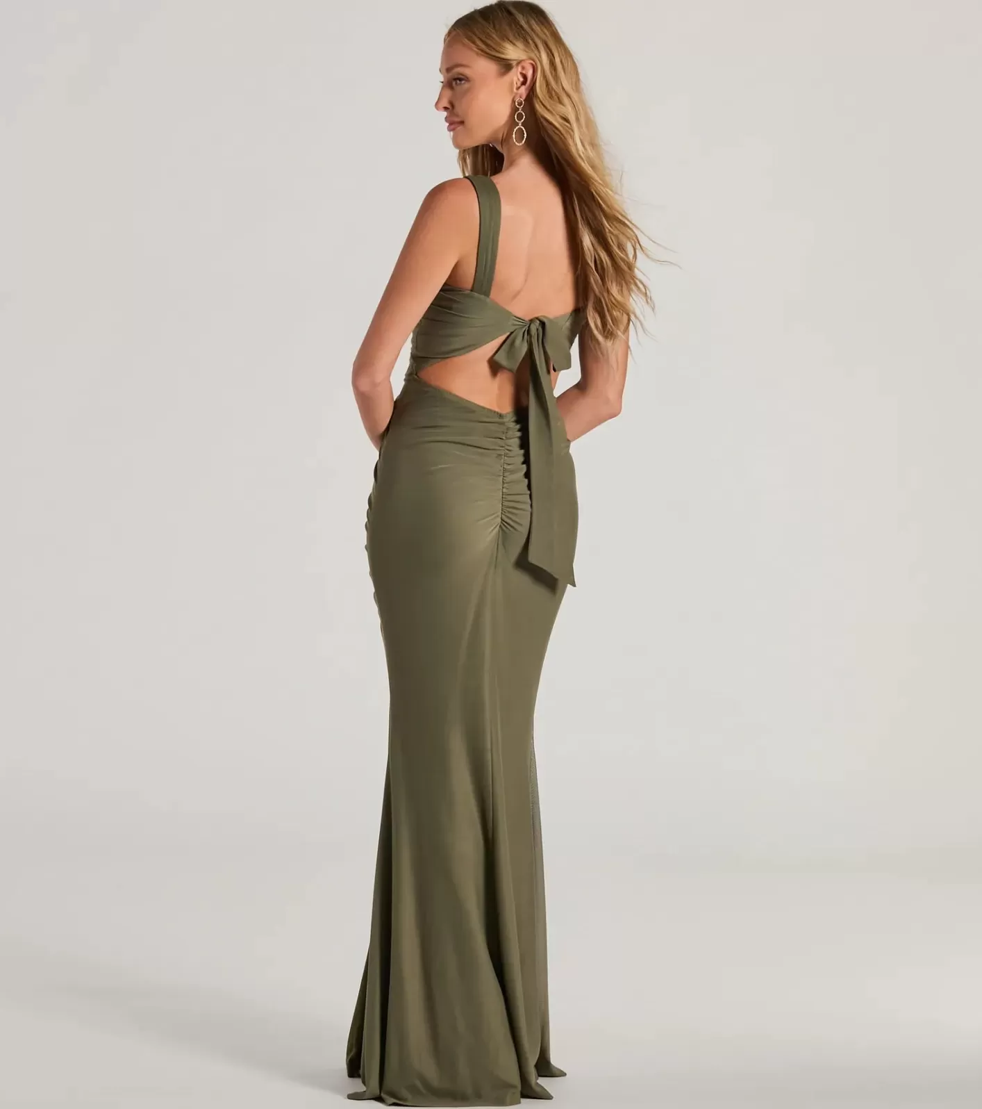 Windsor Ashlynn Open Back Ruched Mermaid Formal Dress OLIVE New
