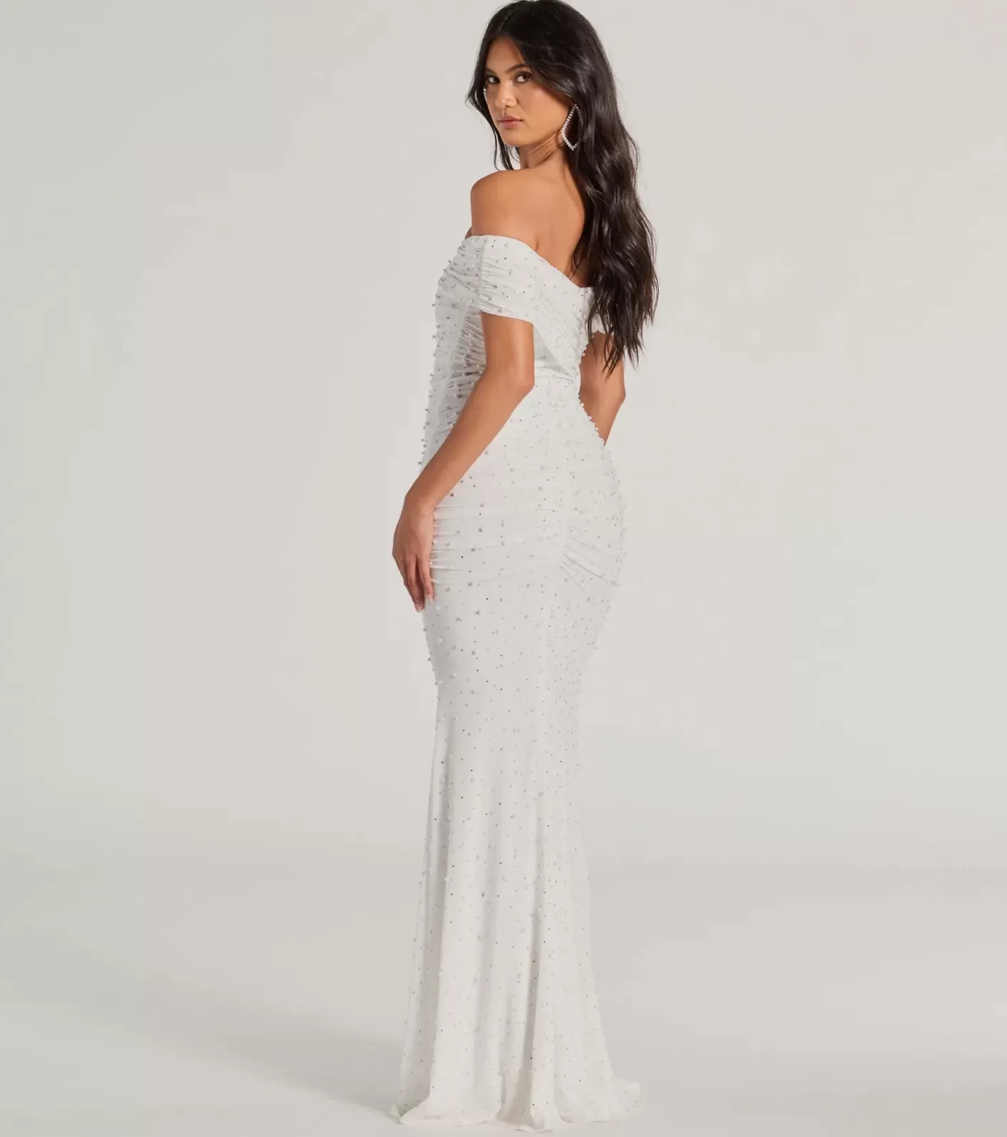 Windsor Aubriella Rhinestone And Pearl Mesh Mermaid Dress WHITE Discount