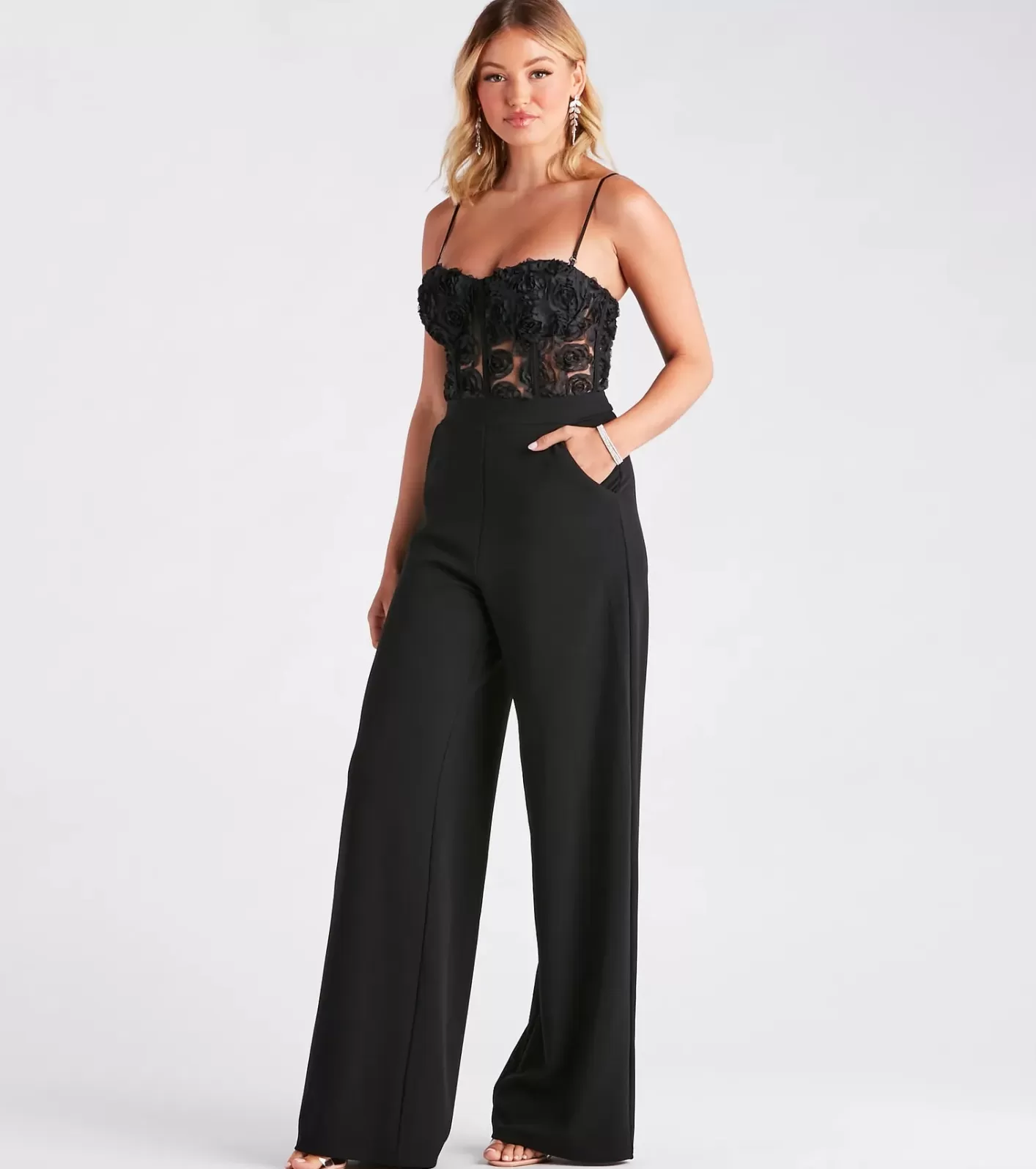 Windsor Bare Necessities Floral Applique Corset Jumpsuit BLACK Best Sale