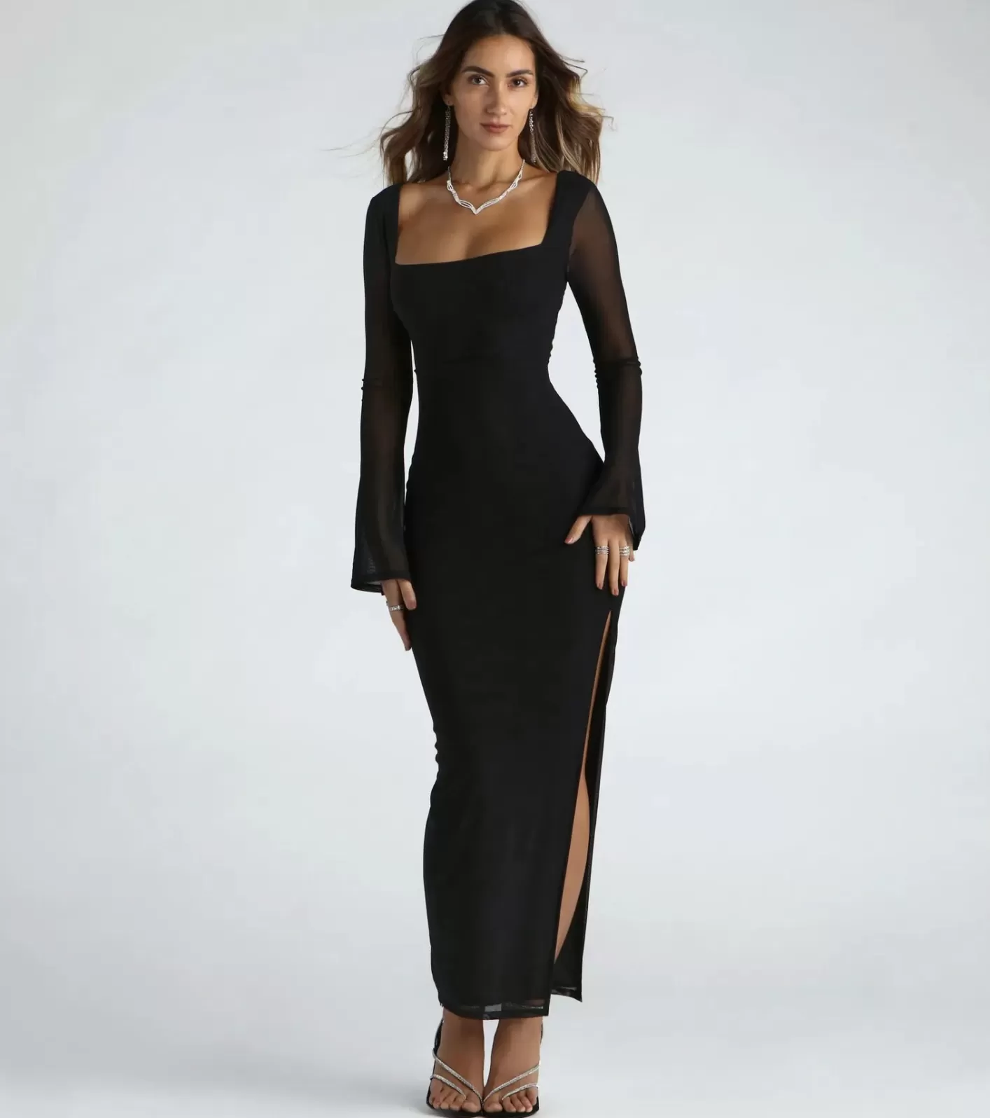 Windsor Becka Formal Mesh High Slit Long Dress BLACK Shop