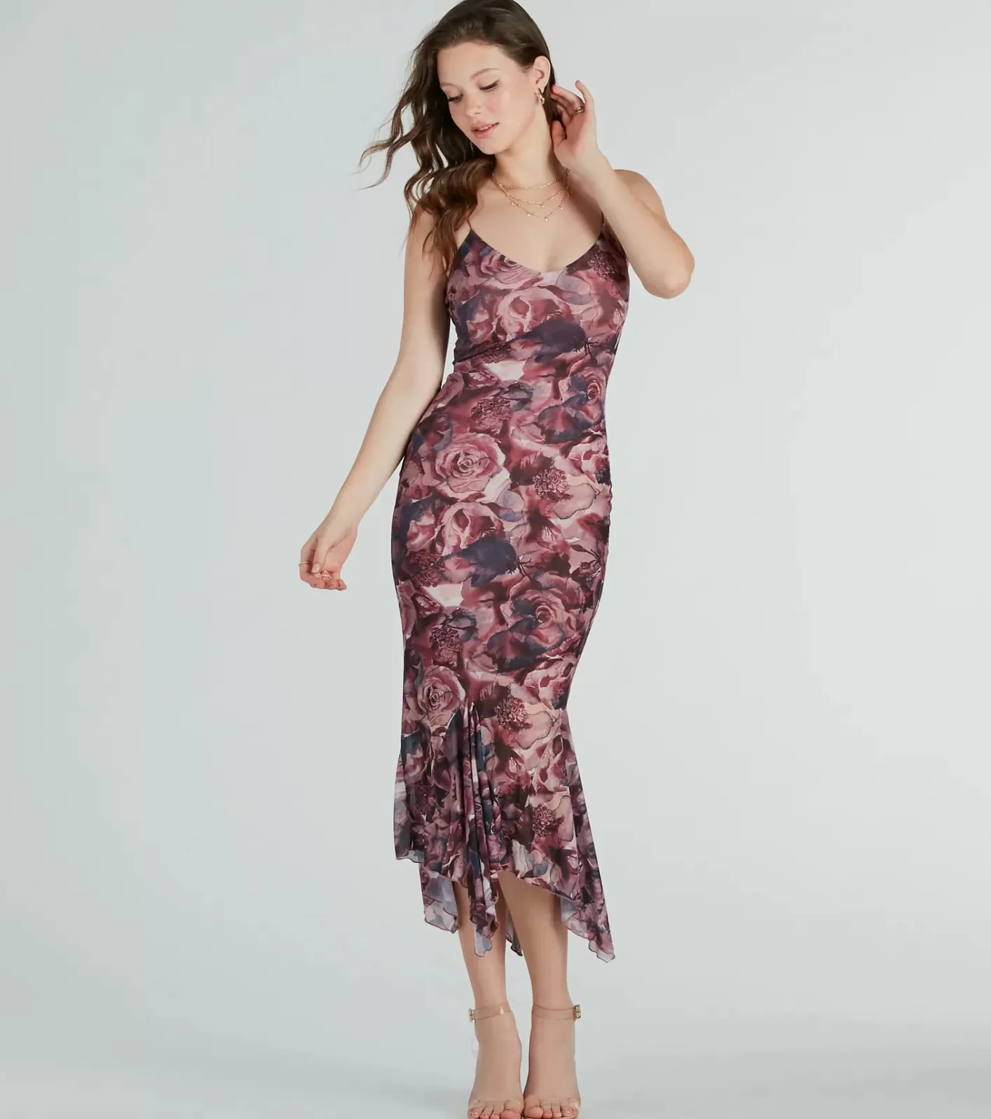 Windsor Bloom With A View Floral Ruffle Midi Dress WINE Clearance