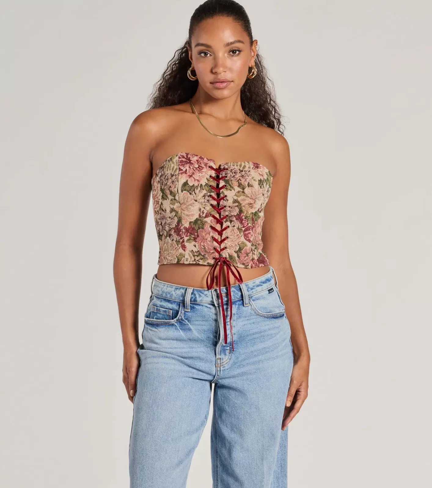 Windsor Blooming Beauty Tapestry Lace-Up Cropped Corset Top TAUPE Hot