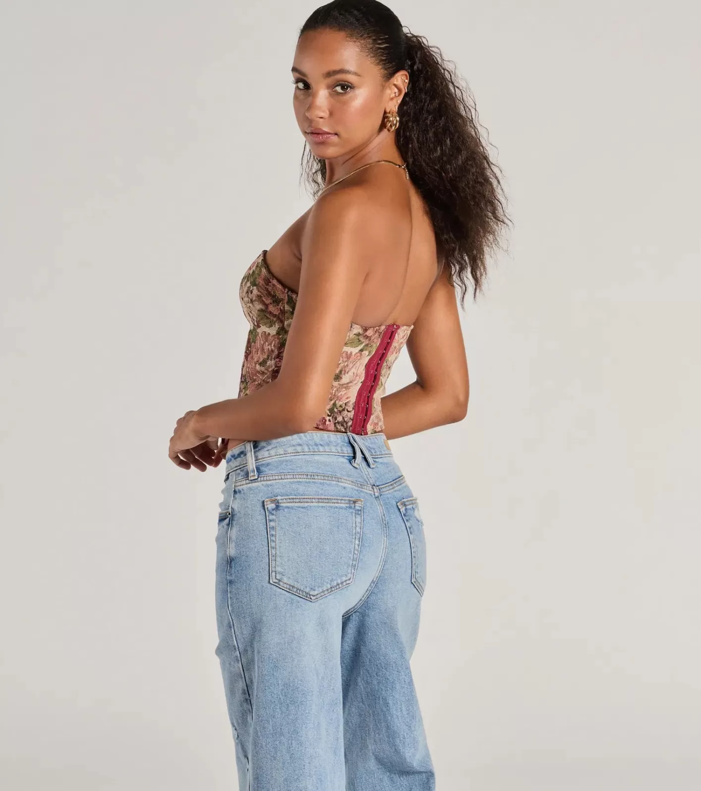 Windsor Blooming Beauty Tapestry Lace-Up Cropped Corset Top TAUPE Hot