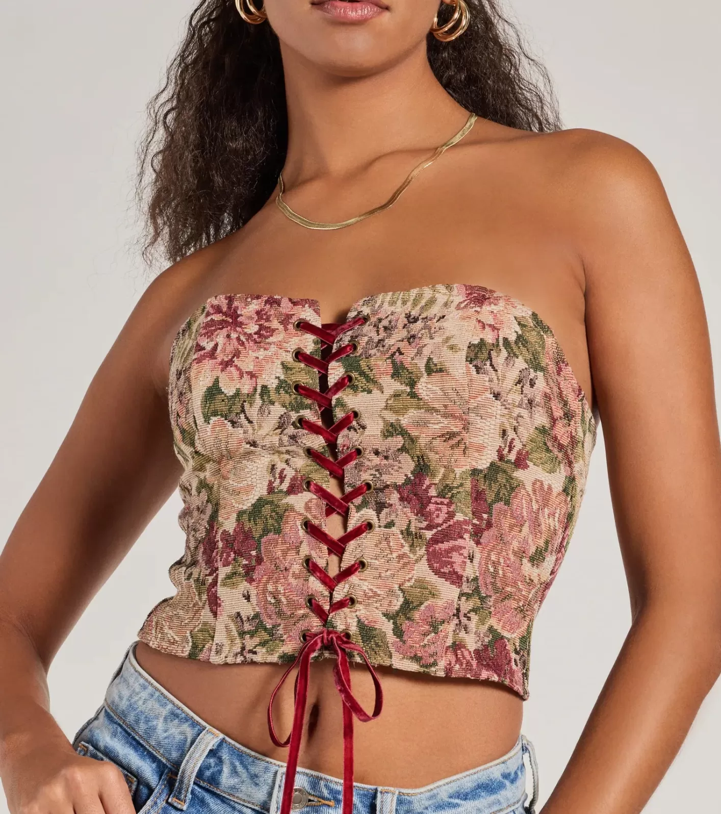 Windsor Blooming Beauty Tapestry Lace-Up Cropped Corset Top TAUPE Hot