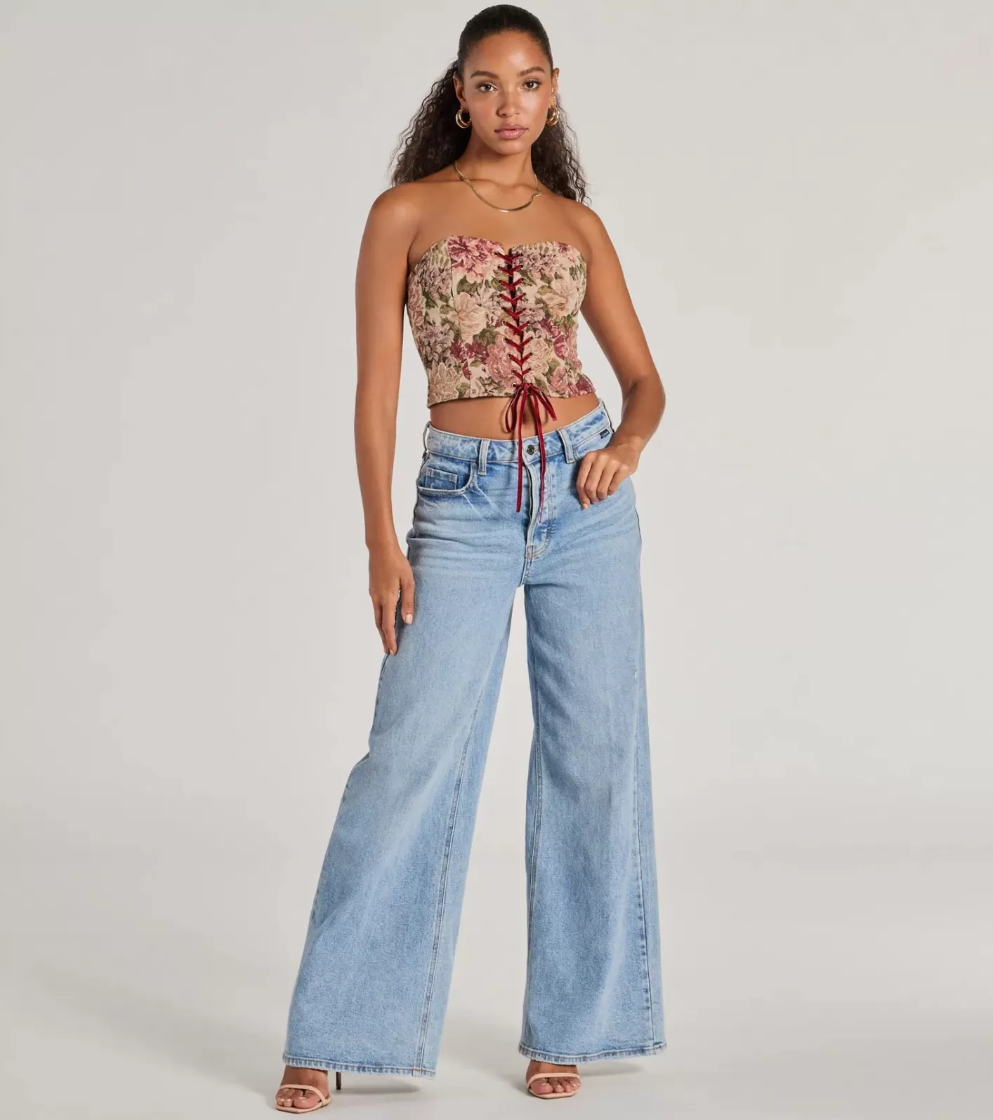 Windsor Blooming Beauty Tapestry Lace-Up Cropped Corset Top TAUPE Hot