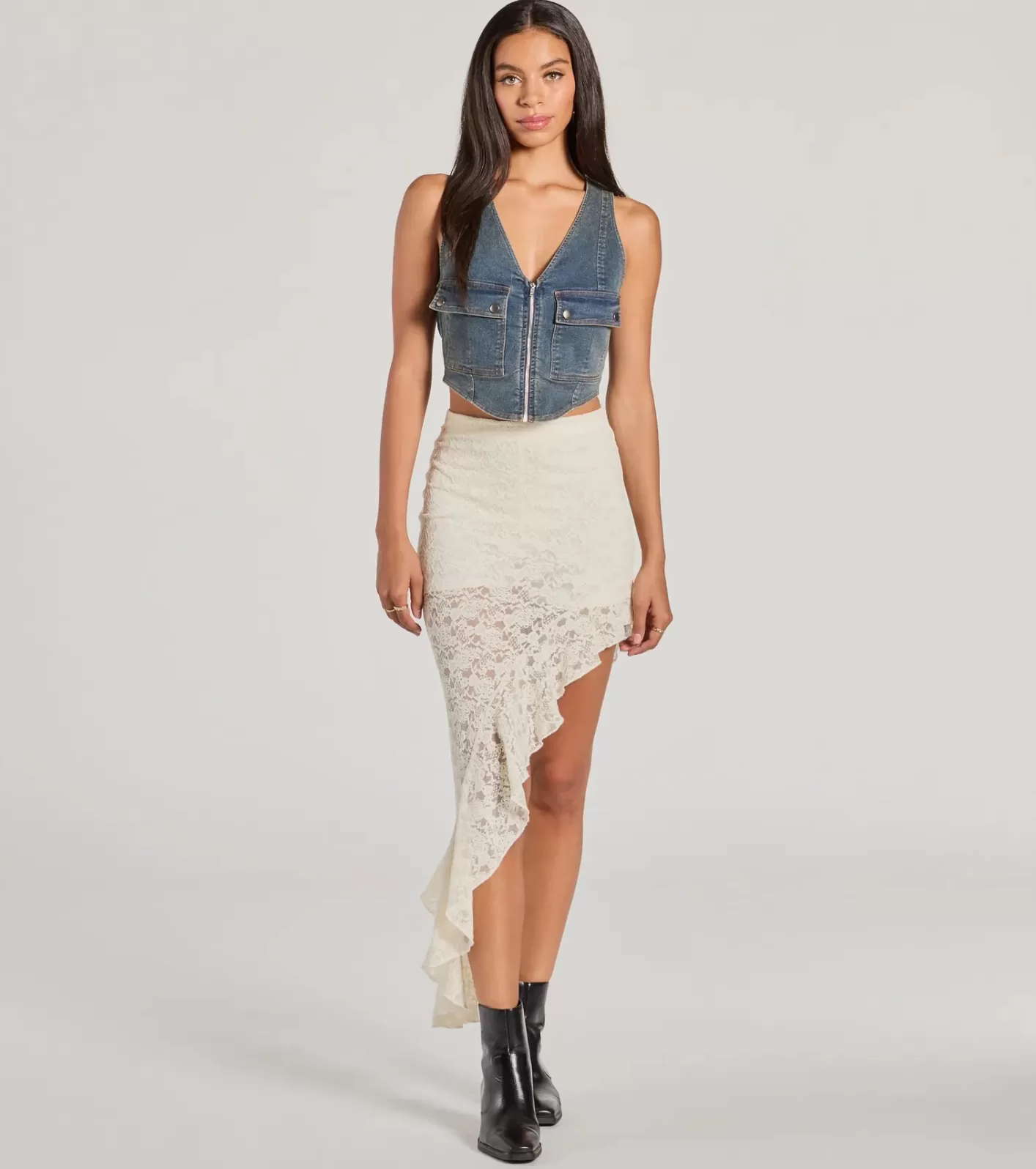 Windsor Boho Allure Ruffled Lace Midi Skirt NATURAL Clearance
