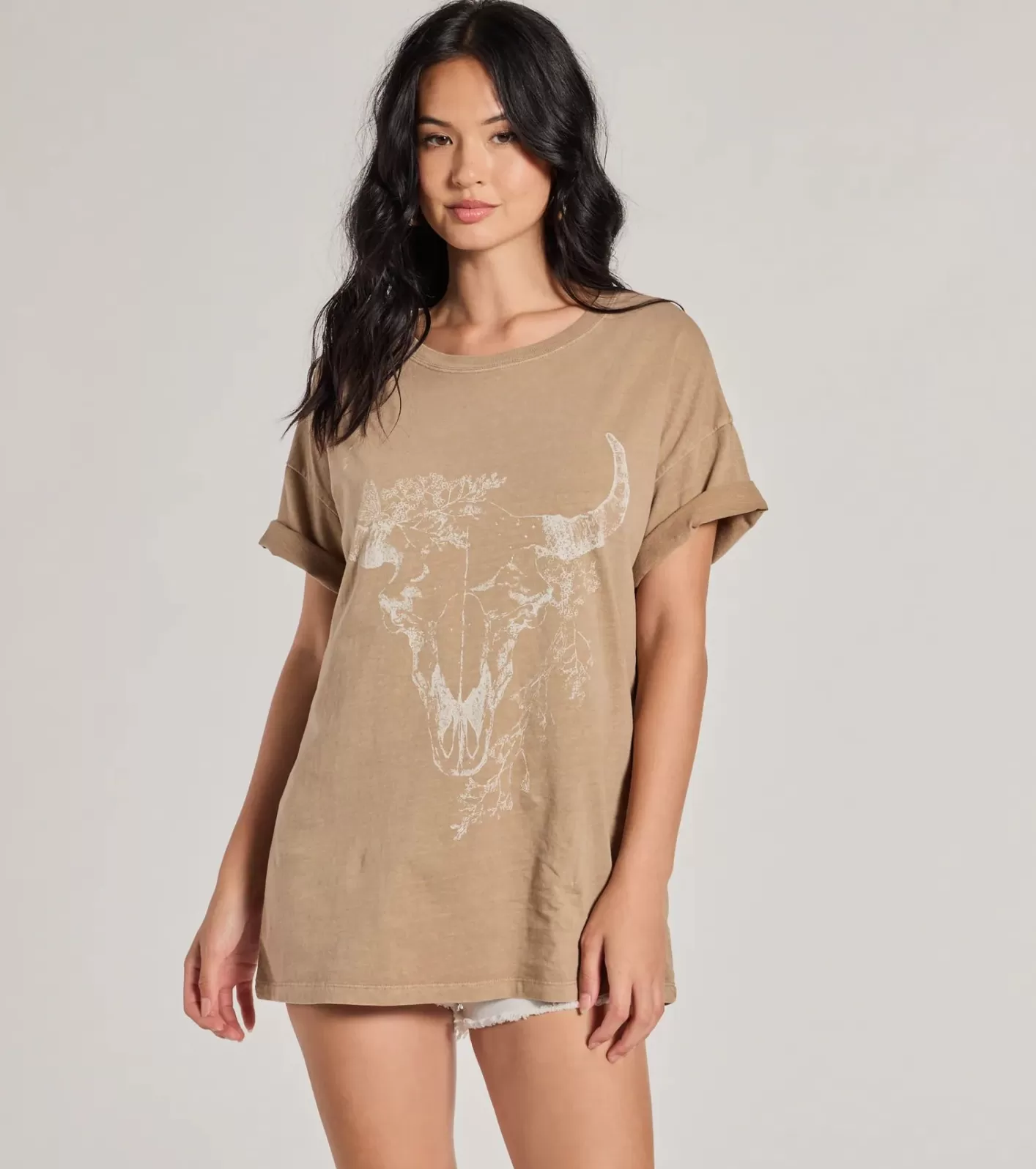 Windsor Boho Babe Longhorn Oversized Graphic Tee MOCHA Clearance
