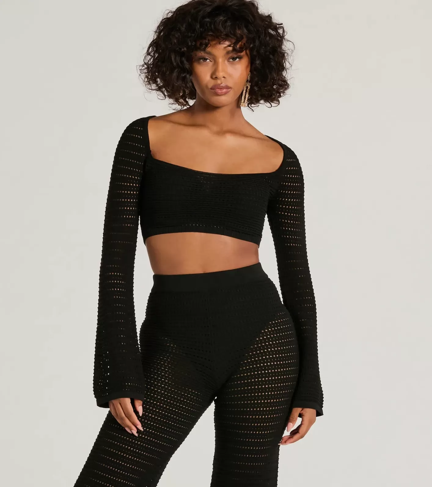 Windsor Boho Cutie Bell Sleeve Crochet Crop Top BLACK Flash Sale