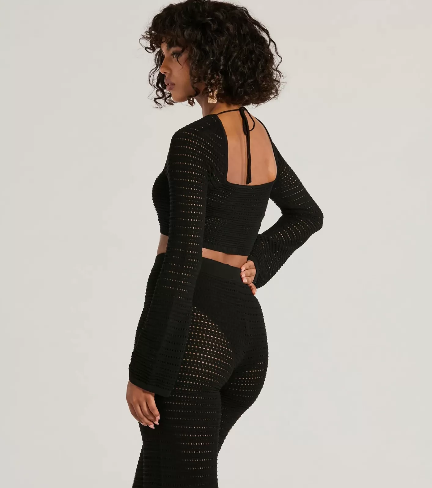 Windsor Boho Cutie Bell Sleeve Crochet Crop Top BLACK Flash Sale