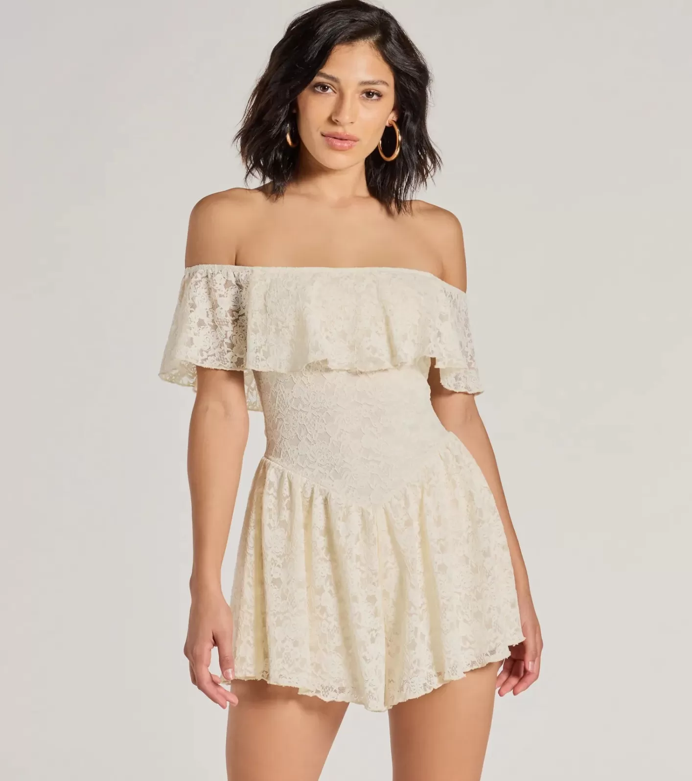 Windsor Boho Lace Off-The-Shoulder Drop Waist Romper IVORY Hot