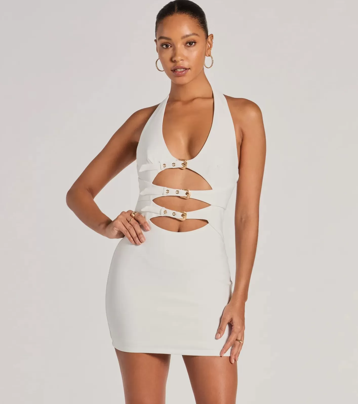 Windsor Bold Cutie Halter Buckle Crepe Mini Dress WHITE Cheap