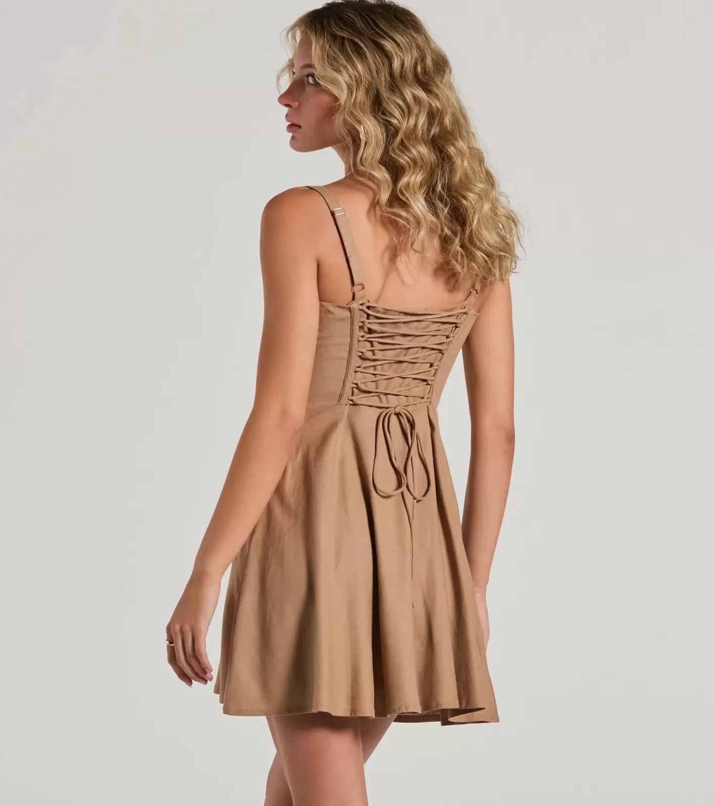 Windsor Bold New Look Corset Lace-Up Linen Skater Dress NATURAL Flash Sale