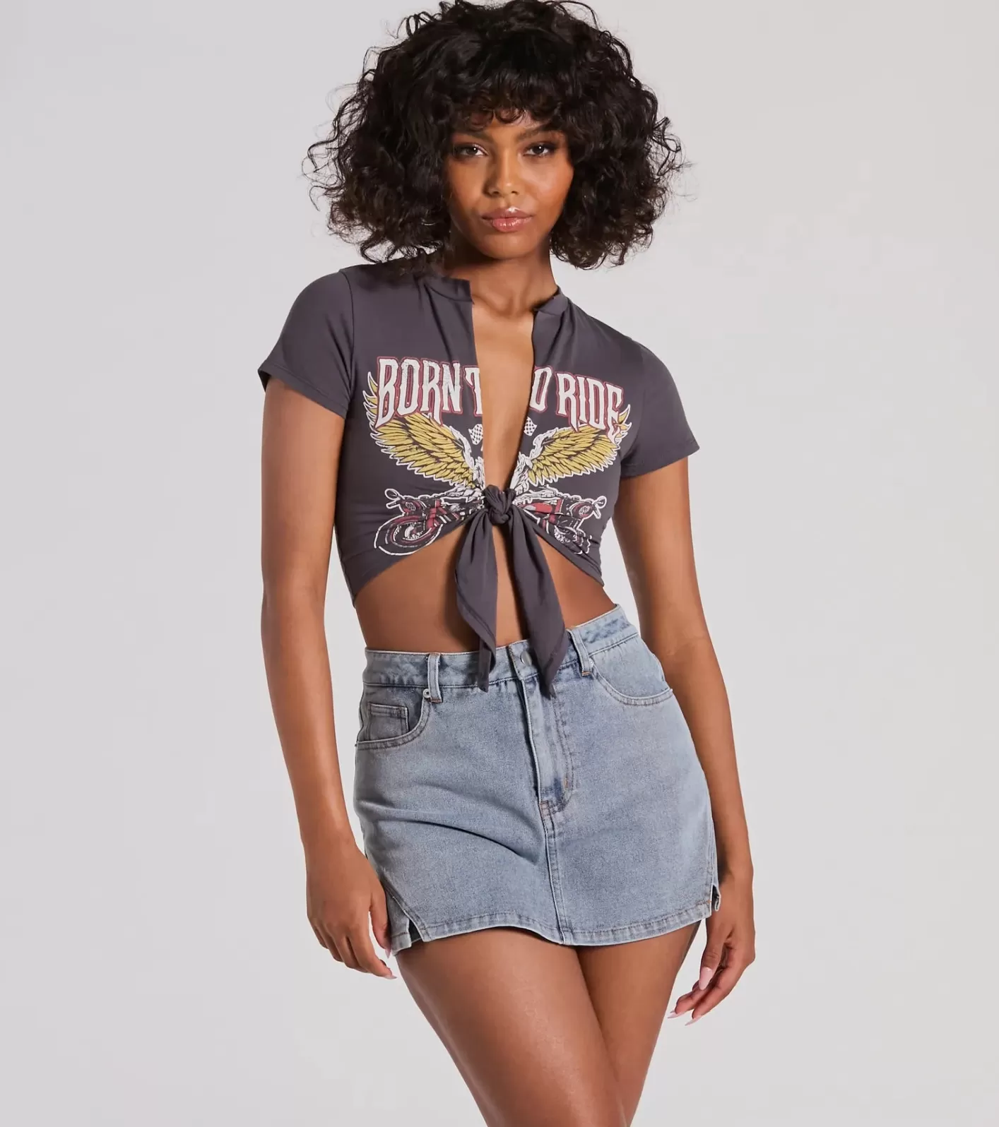 Windsor Born To Ride Short Sleeve Tie Front Graphic Tee CHARCOAL Hot