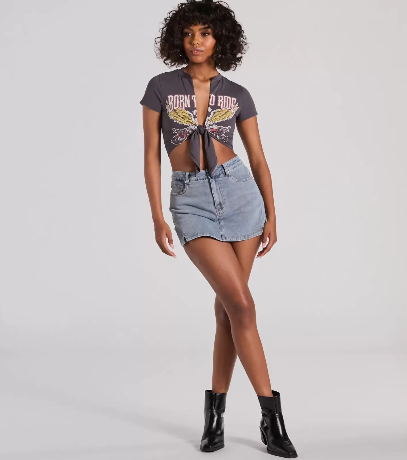 Windsor Born To Ride Short Sleeve Tie Front Graphic Tee CHARCOAL Hot