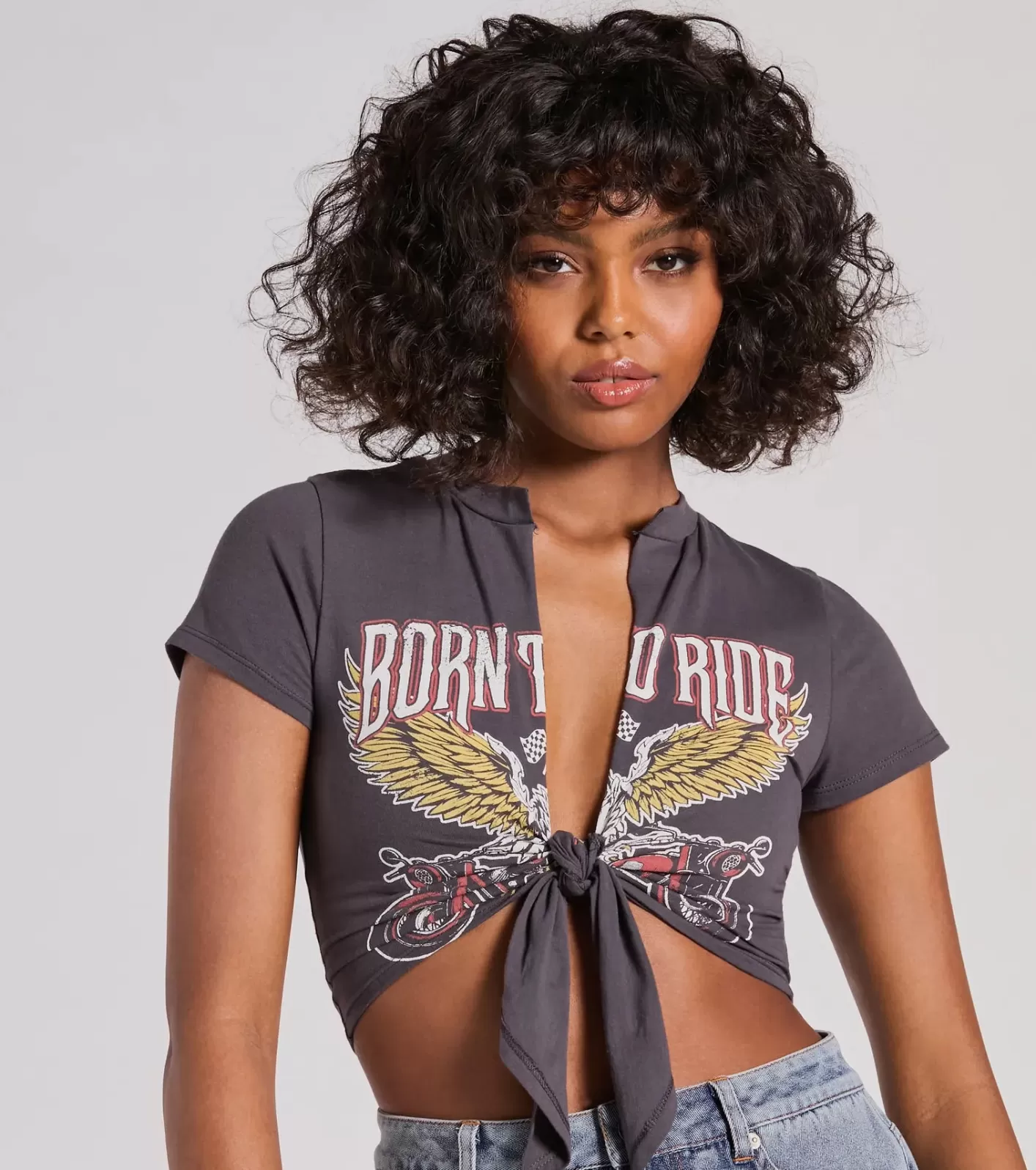 Windsor Born To Ride Short Sleeve Tie Front Graphic Tee CHARCOAL Hot